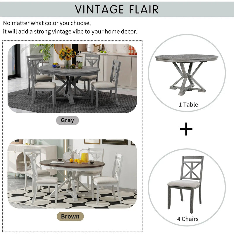 Dining Set With Extendable Round Table And 4 Upholstered Chairs