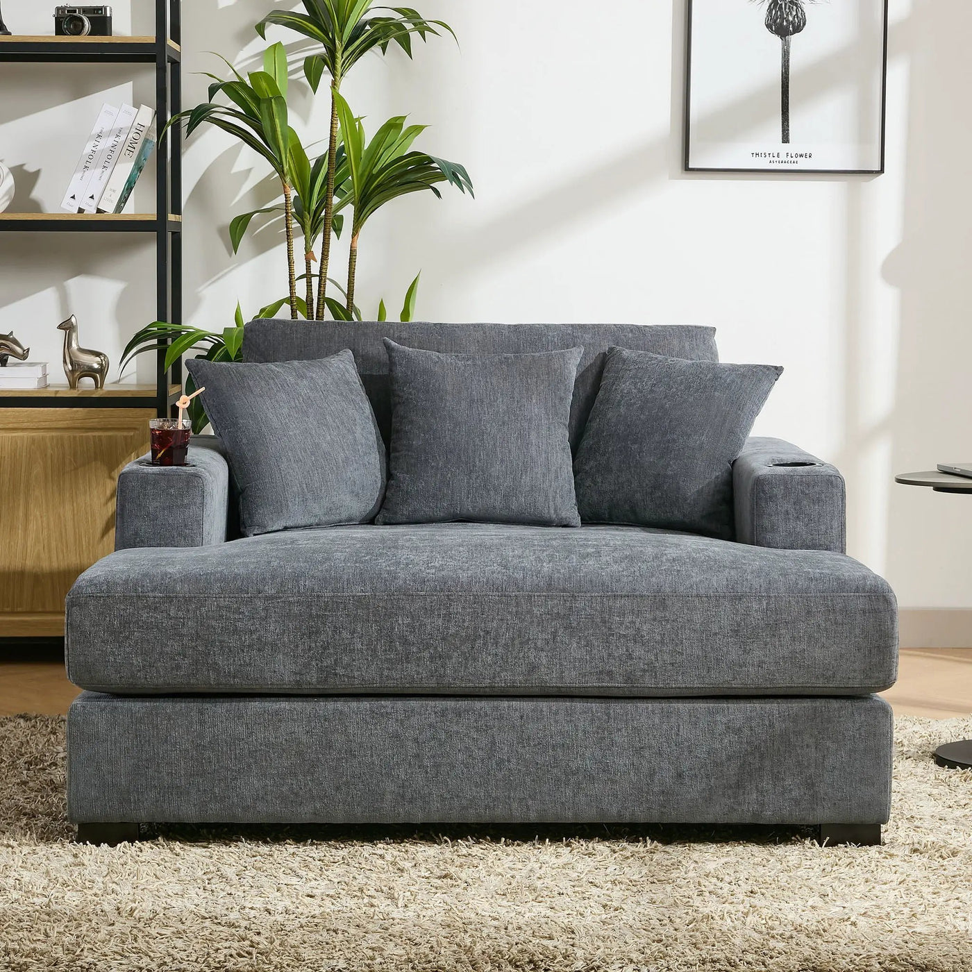Oversized Chaise Lounger Modern Style Sofa Couch With Pillows, Charge Station & Cup Holders by HouseOfZazla