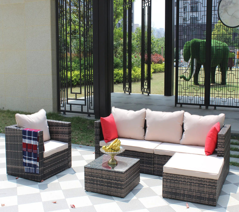 Rattan Patio Furniture Set Wicker Sofa Cushioned Sectional (4 Pieces, Brown) by HouseOfZazla