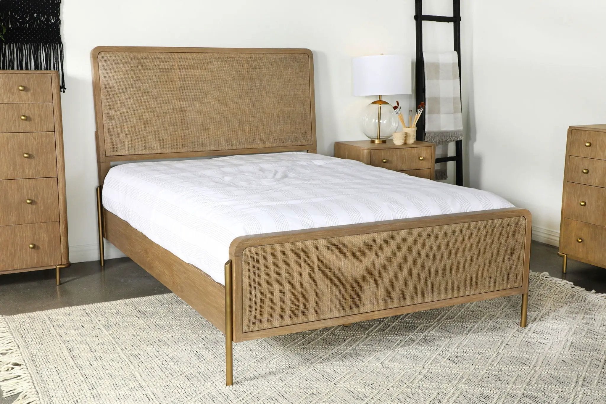 Arini Rattan Queen Panel Bed Sand Wash and Natural Cane by Unique Piece Furniture