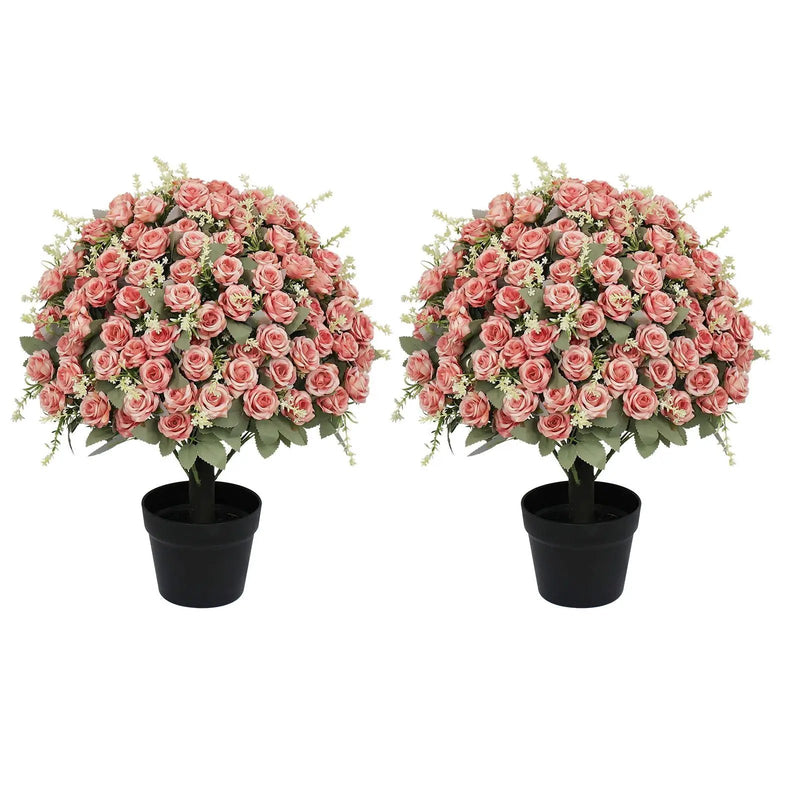 Artificial Rose Decoration With UV Resistant Silk Petals, Durable Stems In Cement Pot, Indoor Outdoor Potted Floral Arrangement - Green / Pink by Unique Piece Furniture