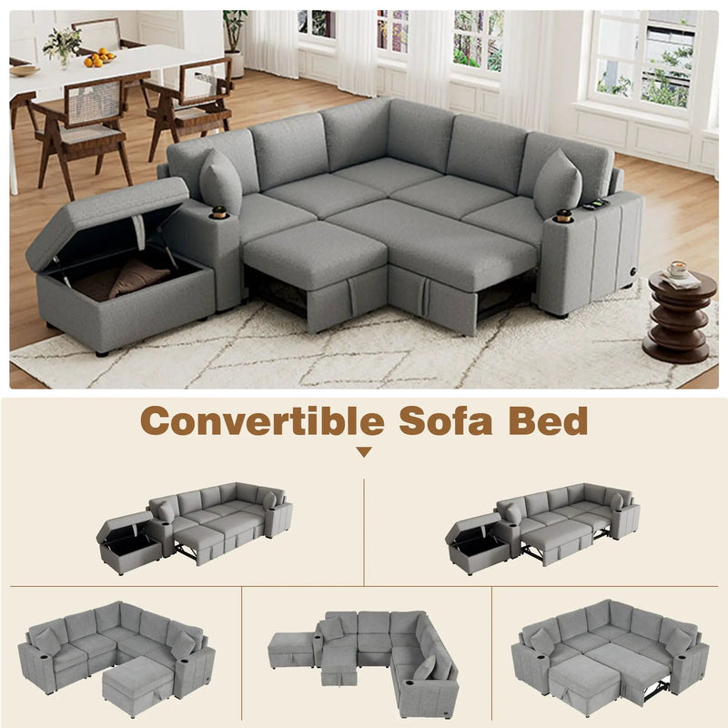 Sectional Sofa Convertible Pull-Out Sofa Bed With A Movable Storage Ottoman For Living Room by Unique Piece Furniture