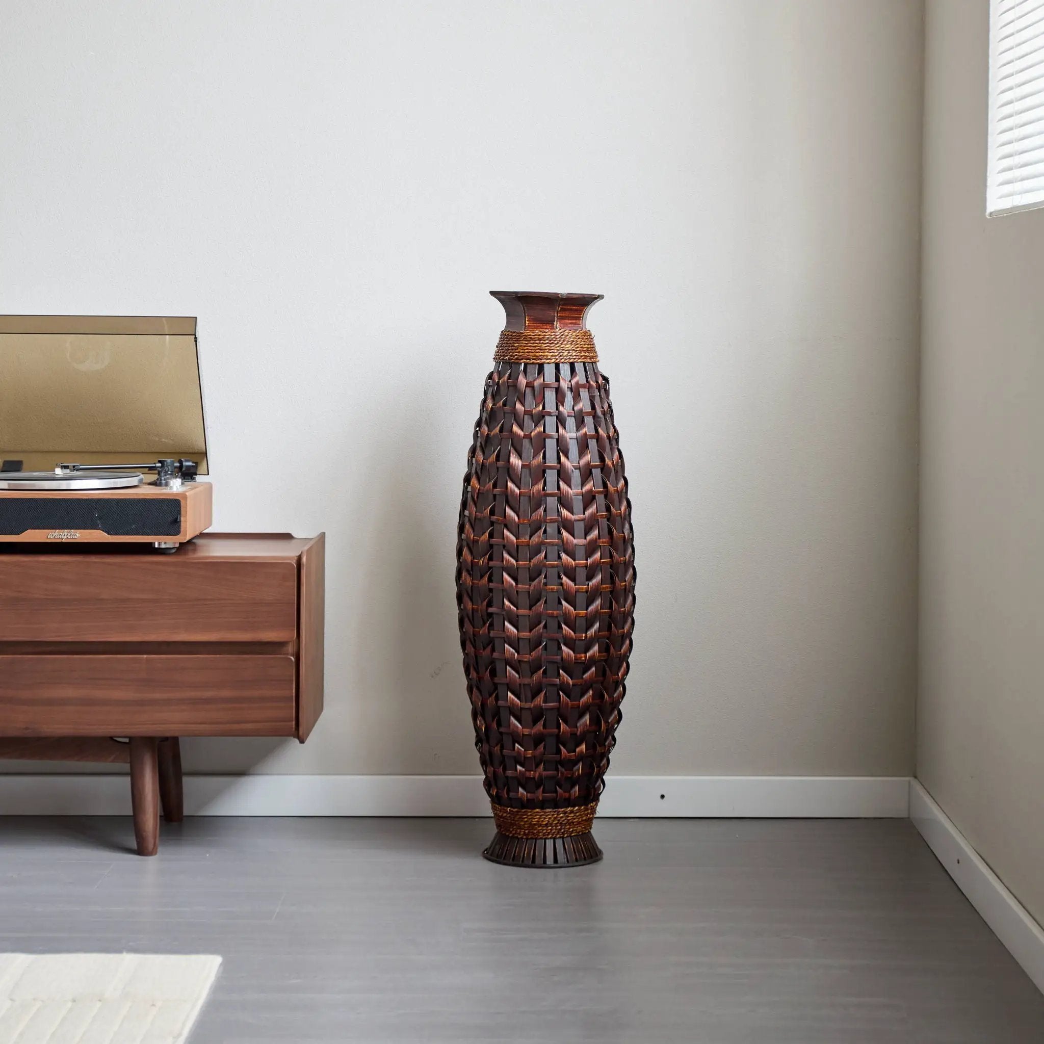 Hand Woven Bamboo Floor Vase, Decorative Accent For Living Room - Acacia Wood by HouseOfZazla