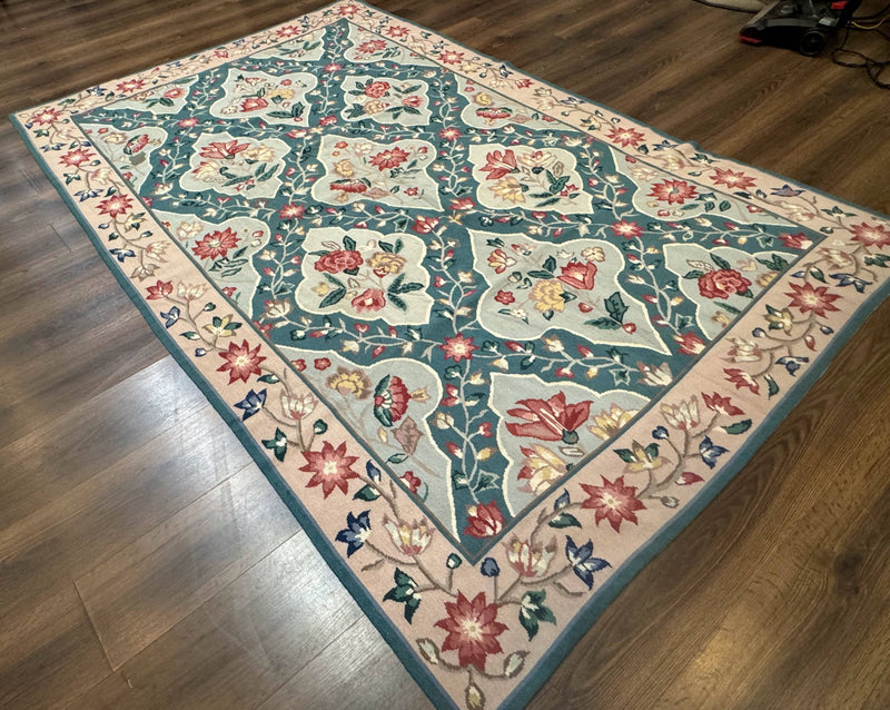 Teal Needlepoint Rug 6x9, Panel Design, Floral Bouquets, Handmade by Jewel Rugs