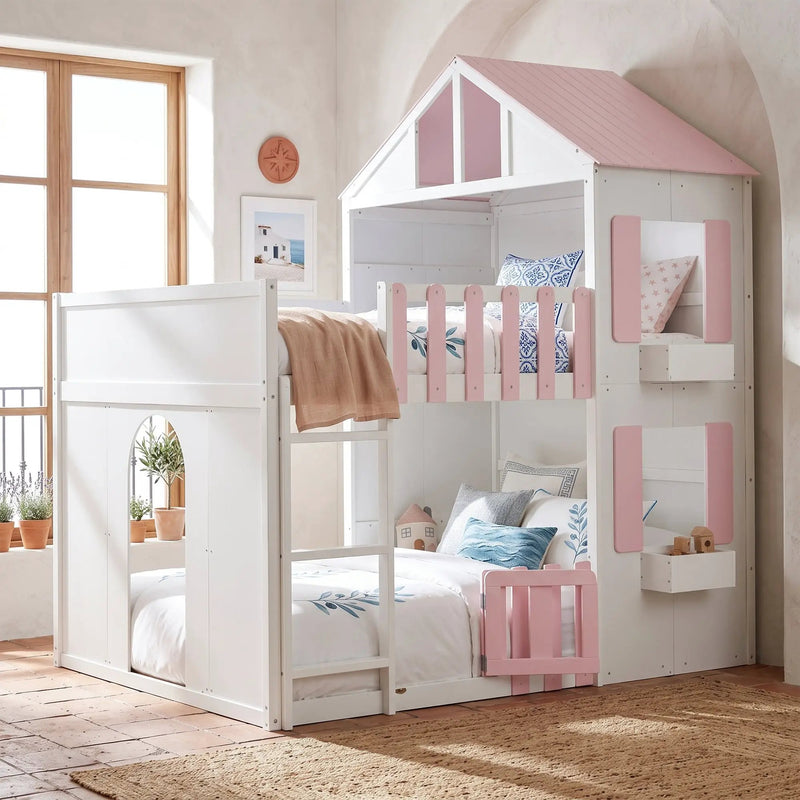 Full over Full House Bunk Bed with Storage - Pink