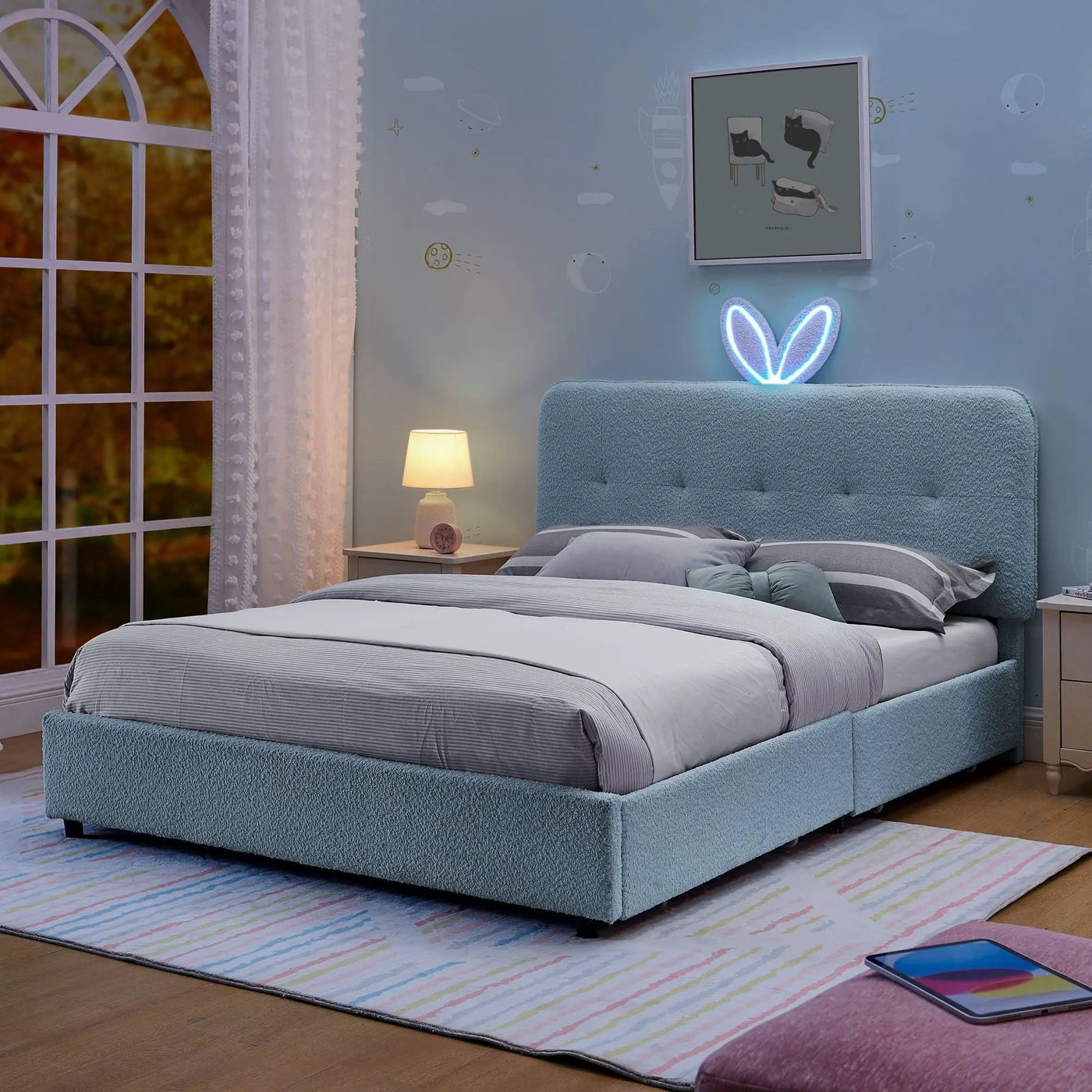 Upholstered Bed With Oversized Rabbit Ear Headboard, LED Lights & 4 Storage Drawers by HouseOfZazla