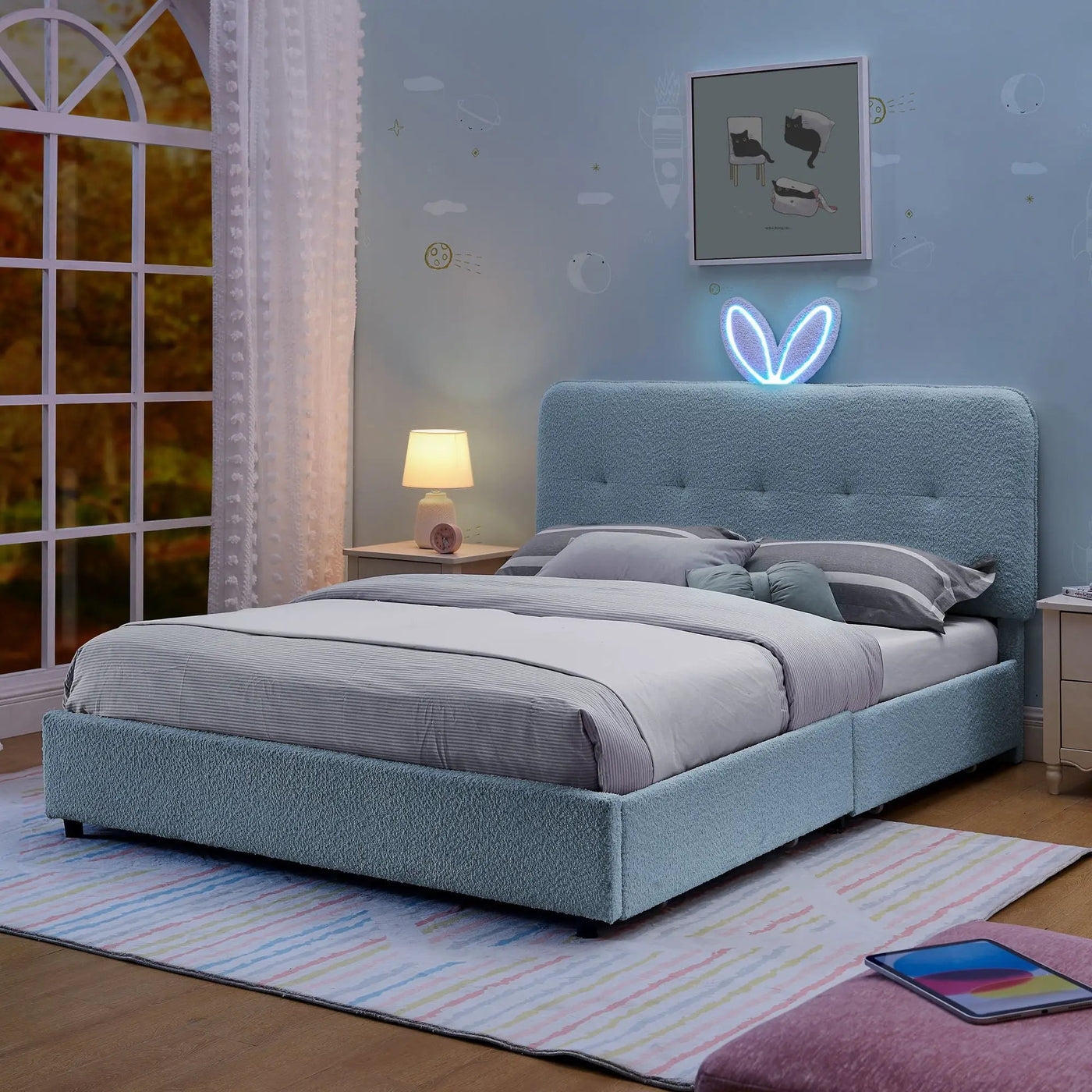 Upholstered Bed With Oversized Rabbit Ear Headboard, LED Lights & 4 Storage Drawers by Unique Piece Furniture