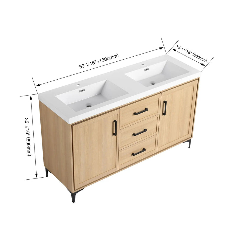 Original 60" Freestanding Bathroom Vanity With Double Resin Sink Plywood Soft Closing Doors & Drawers - Oak by HouseOfZazla