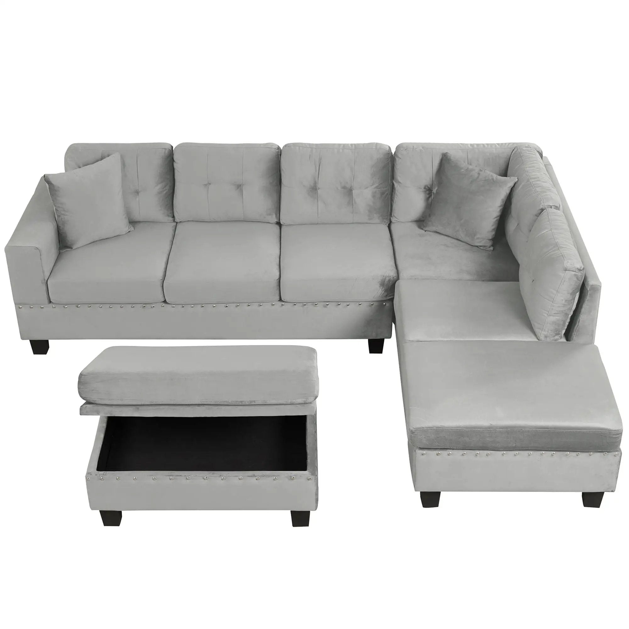 Modern Sectional Sofa With Storage Ottoman, L - Shape Couch With 2 Pillows And Cup Holders by HouseOfZazla