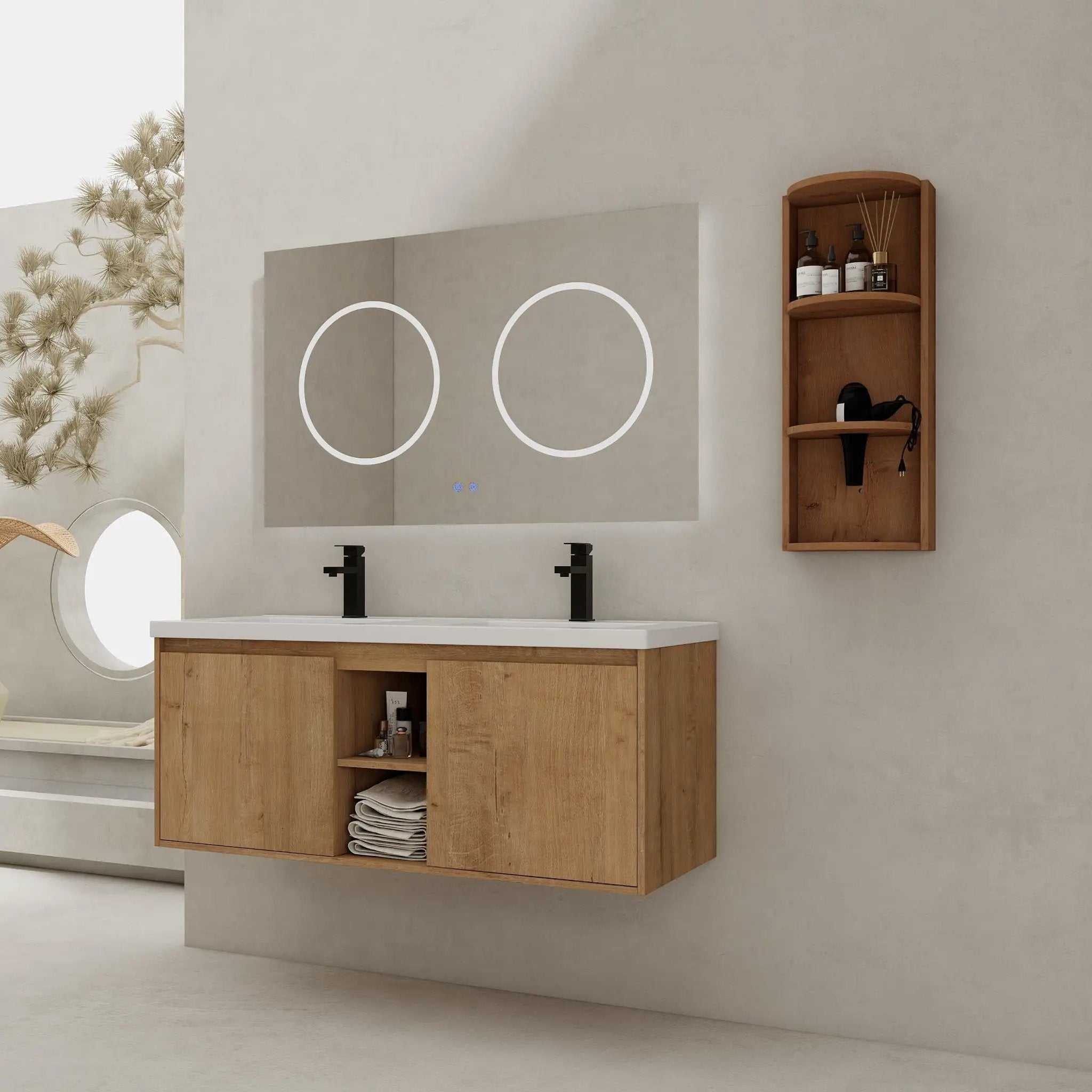 48" Wall Mounted Bathroom Vanity With Double Resin Sink And Storage Rack Soft Close Doors Plywood Construction - Imitative Oak by Unique Piece Furniture