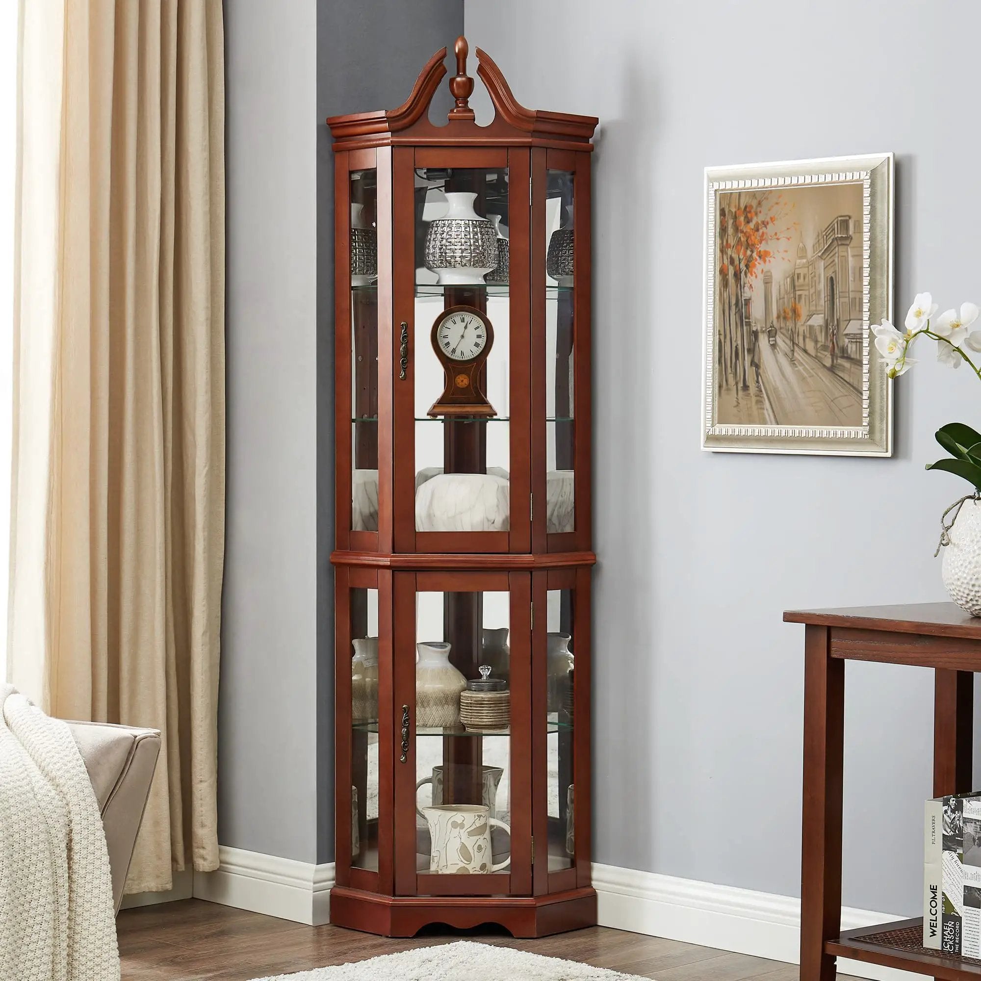 Corner Curio Cabinet With Lights, Adjustable Tempered Glass Shelves, Display Cabinet (E26 Light Bulb Not Included) - Mirrored / Walnut by Unique Piece Furniture