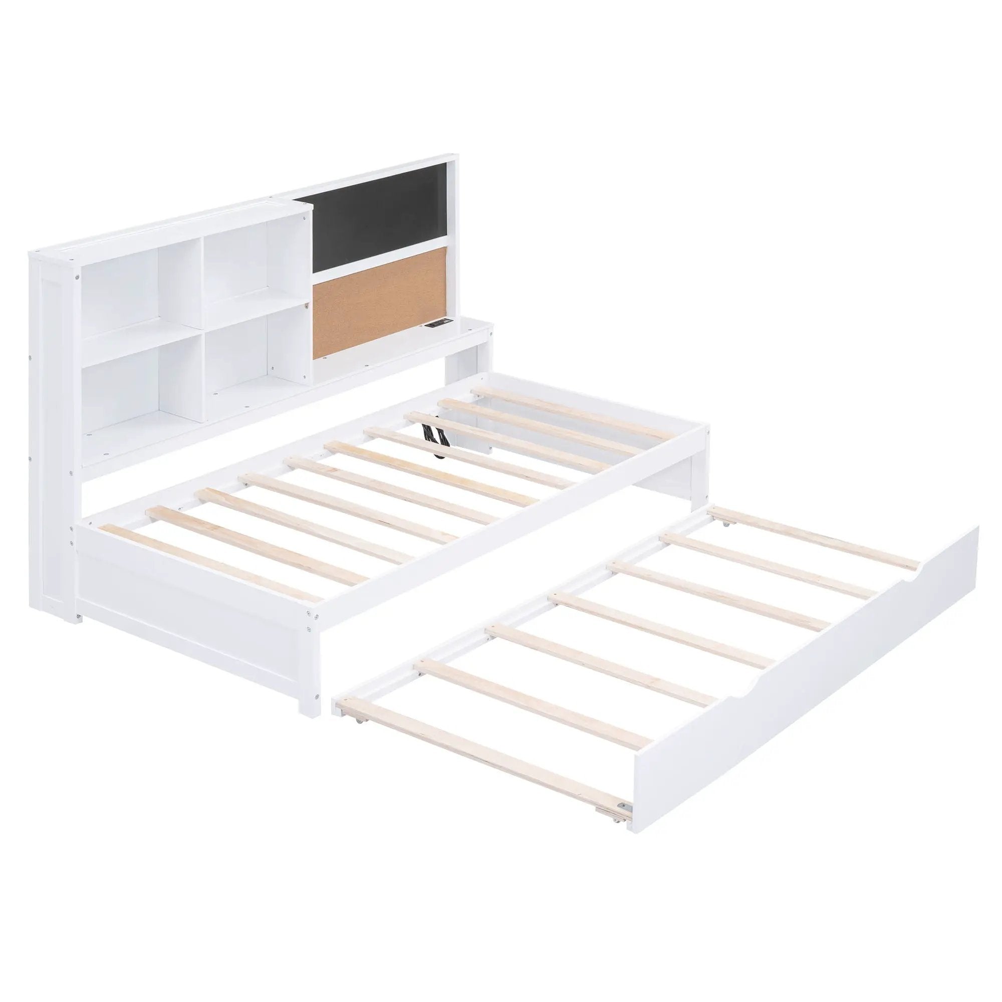 Twin Size Daybed With Storage Shelvesboard, Cork Board, USB Ports And Trundle - White by HouseOfZazla