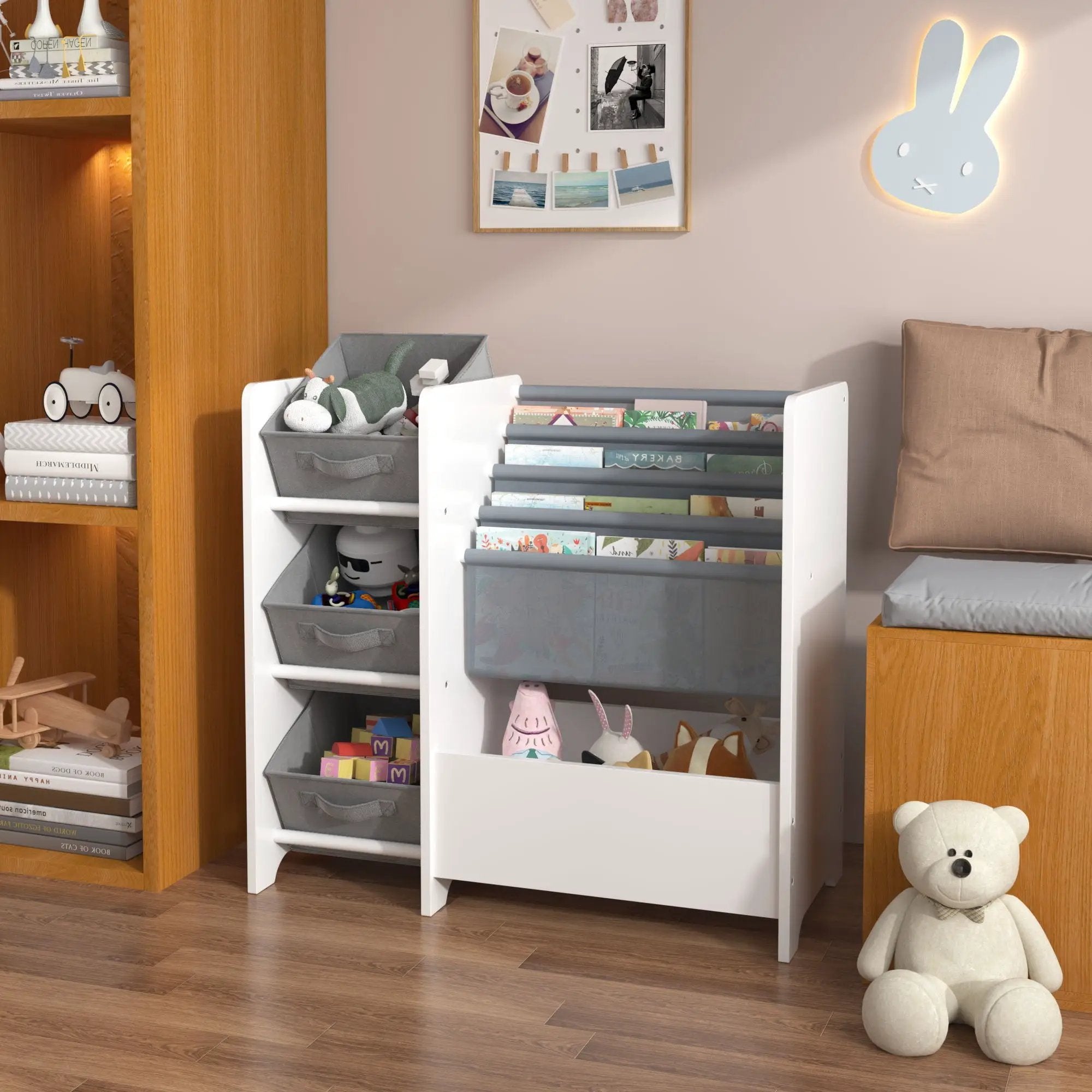 Bookshelf And Toy Storage Organizer, Multifunctional 4 Tier With 3 Collapsible Drawers - White by HouseOfZazla