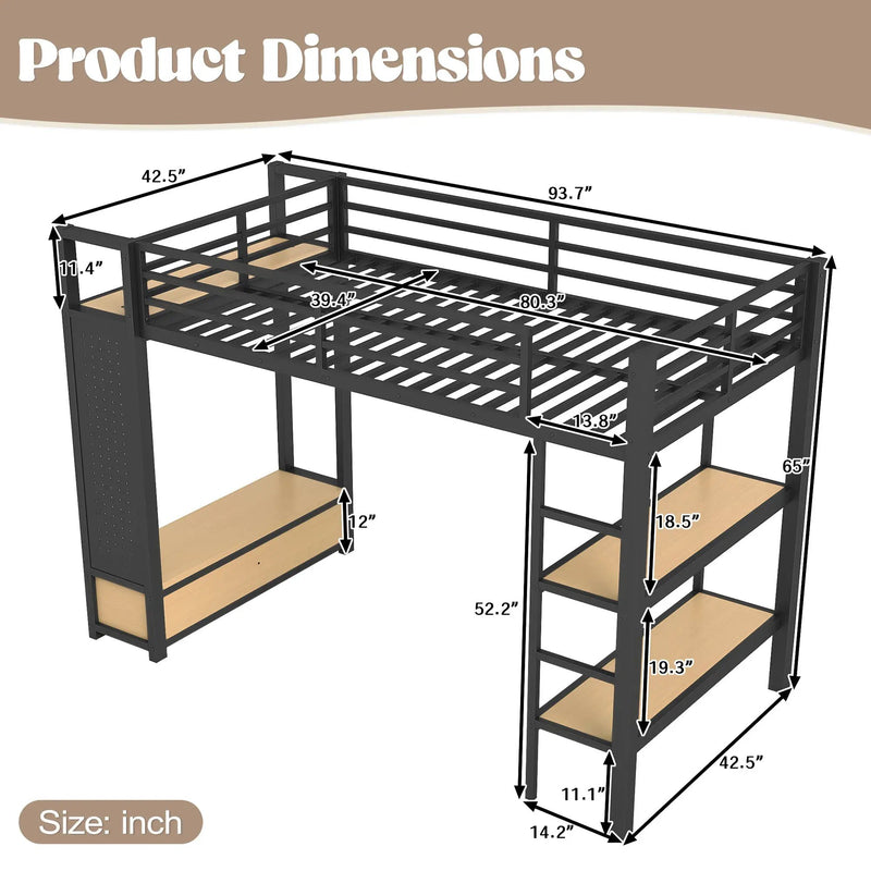 Twin XL Size Loft Bed Frame with Wardrobe and Shelves by HouseOfZazla