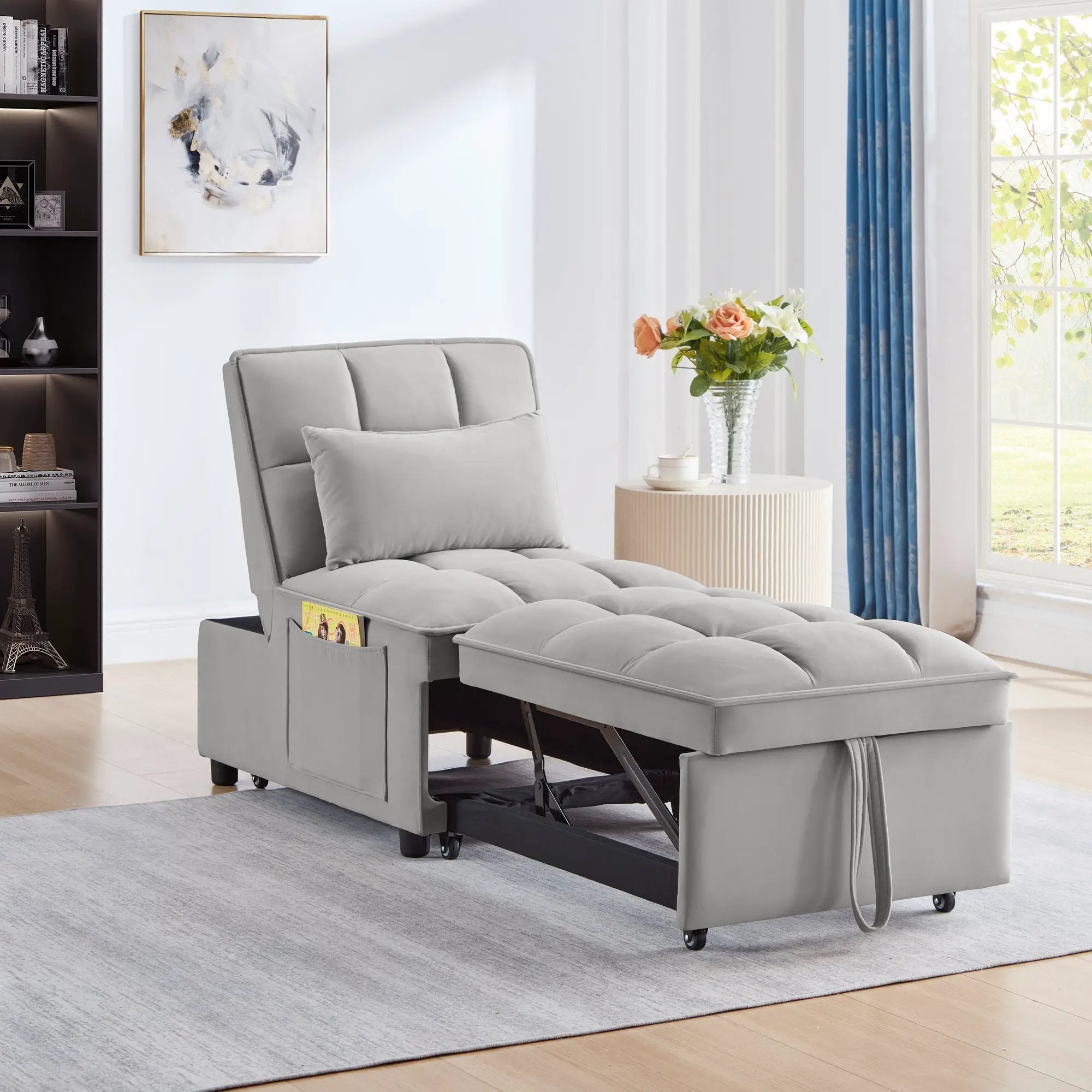 4 in 1 Multi-Function Single Sofa Bed with Storage Pockets Gray by HouseOfZazla