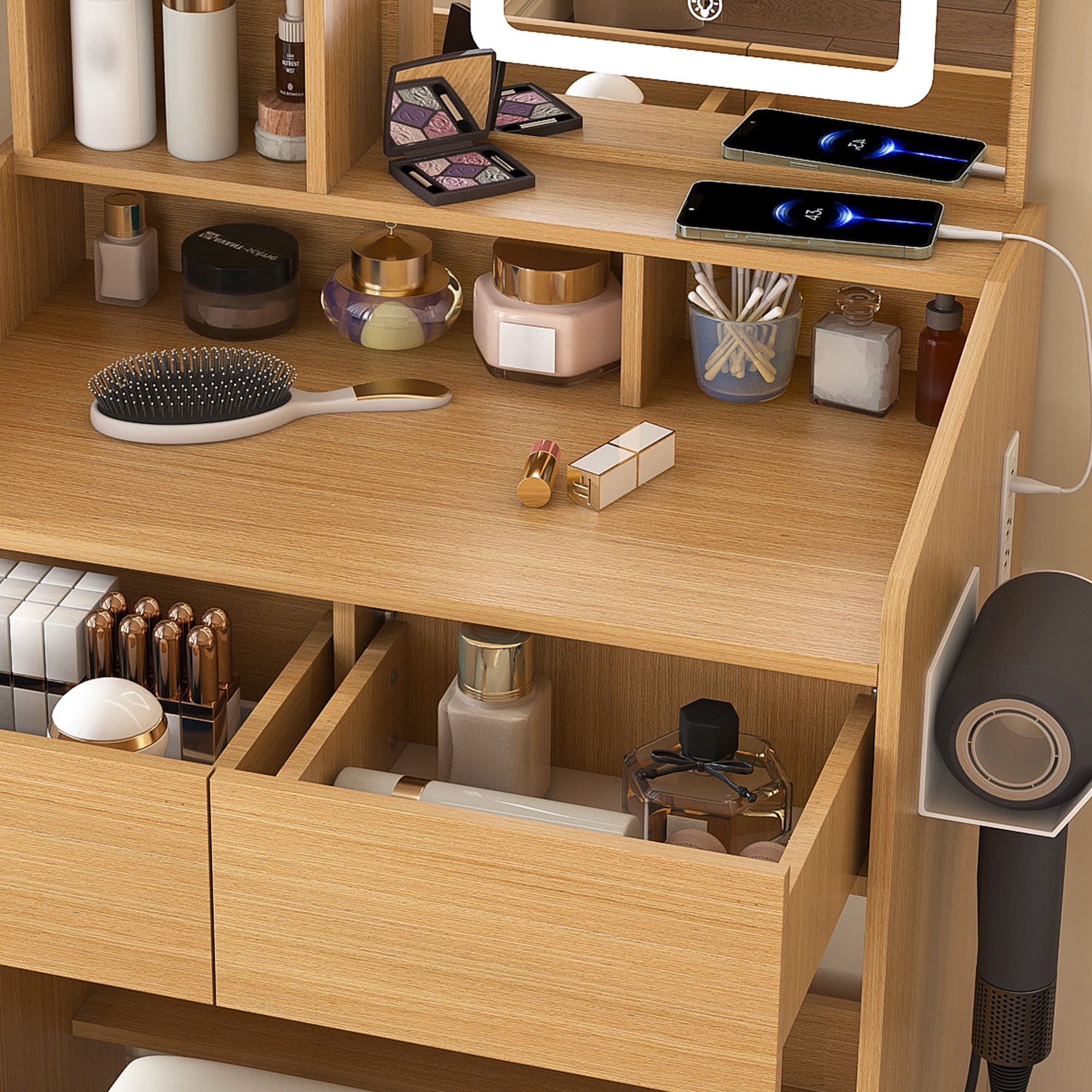 Vanity Table With LED Mirror, Power Outlet, Hairdryer Holder & Padded Stool by HouseOfZazla