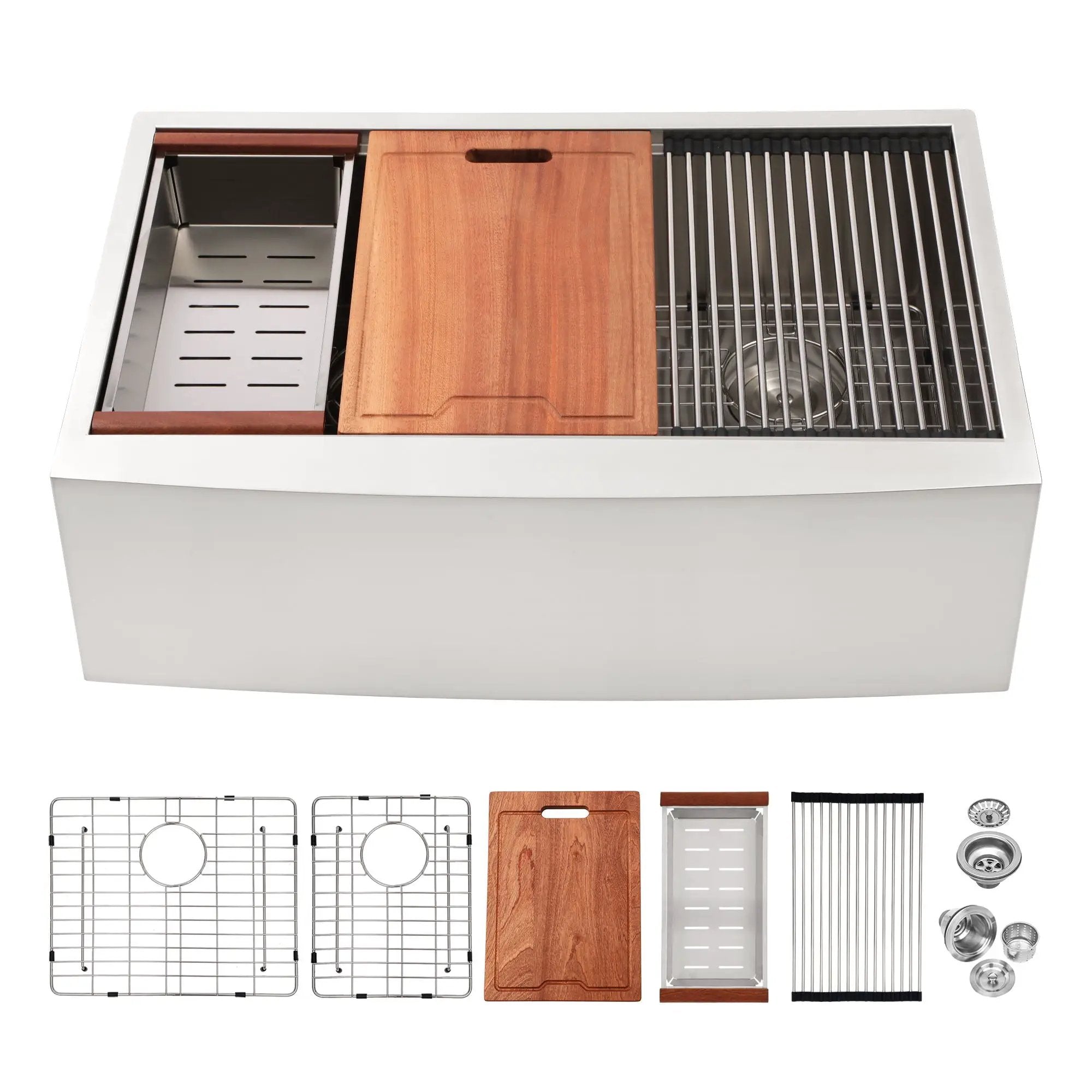 Double Bowl Farmhouse Sink Workstation 33" Stainless Steel 16 Gauge Apron Front - Black / Gray by HouseOfZazla