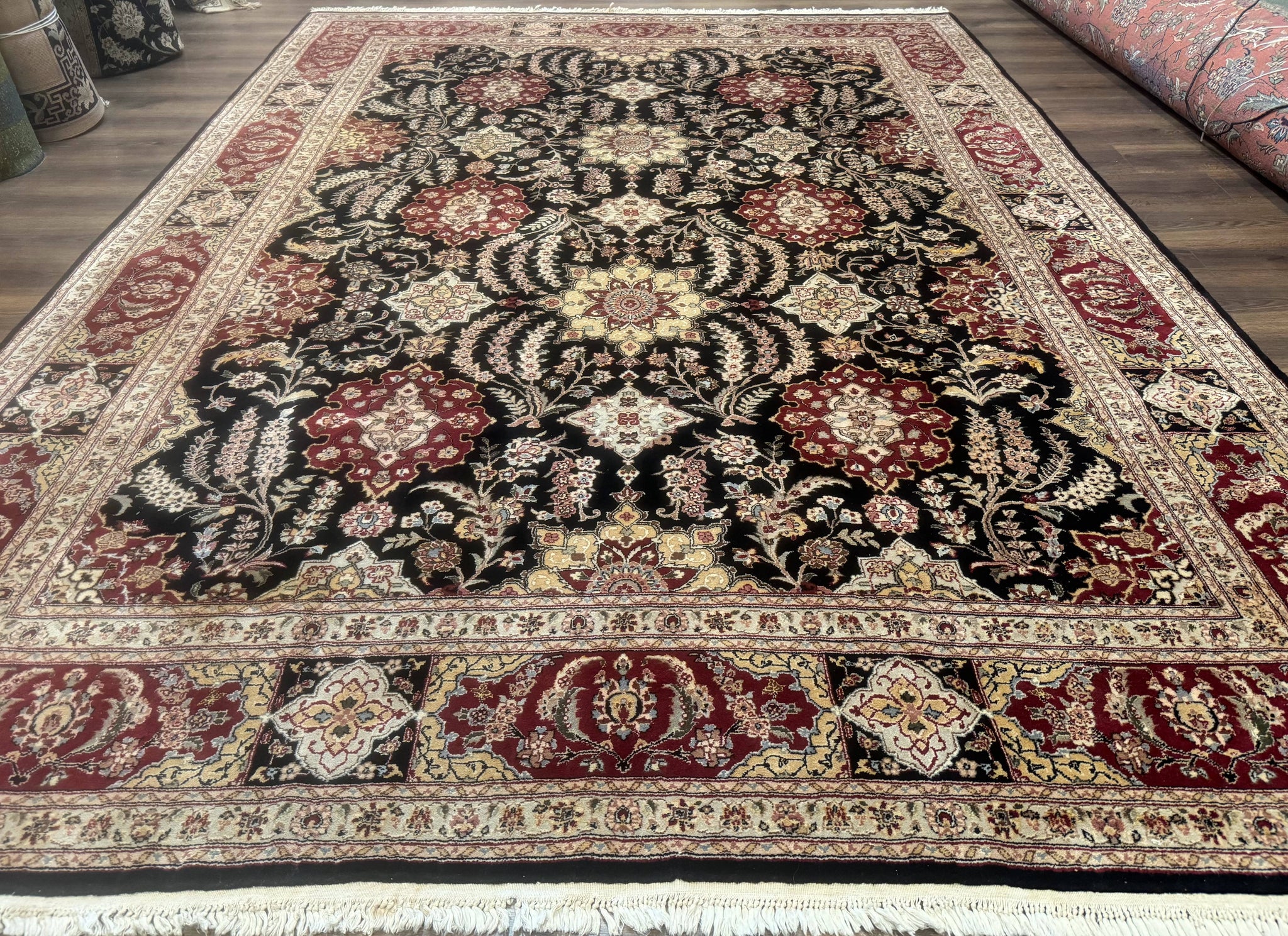 Sino Persian Rug 9x12, Black & Maroon, Wool and Silk, Allover Pattern by Jewel Rugs