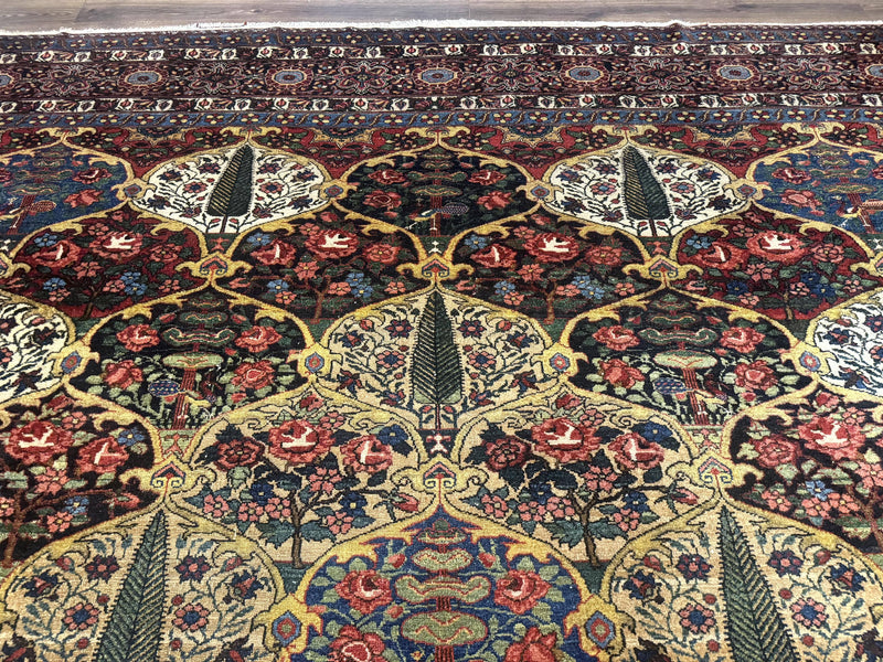 Antique Persian Bakhtiari Rug 12x19, Palace Size Wool Handmade Persian Carpet, Oversized Rug, Panel Design, Peacocks, Multicolor, Rare by Jewel Rugs