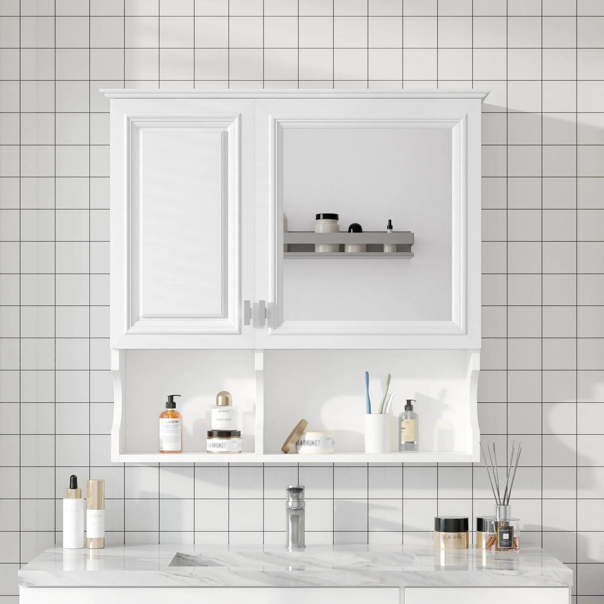 Wall Mounted Mirror Medicine Cabinet, Bathroom Storage With Doors And Open Shelves by Unique Piece Furniture