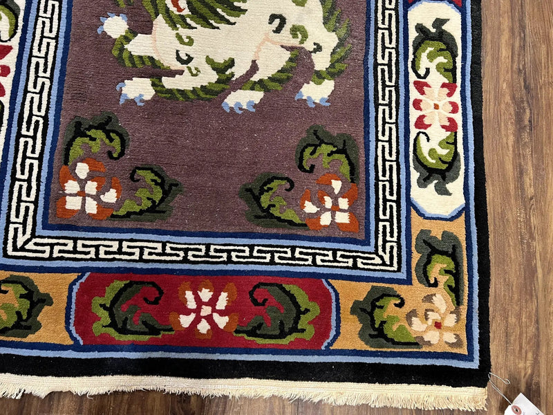 Chinese Art Deco Rug 3 x 5.5 with Animal Pictorials, Vintage Chinese Peking Wool Area Rug, Dark Puce Maroon Ivory, Hand Knotted Soft Carpet by Jewel Rugs