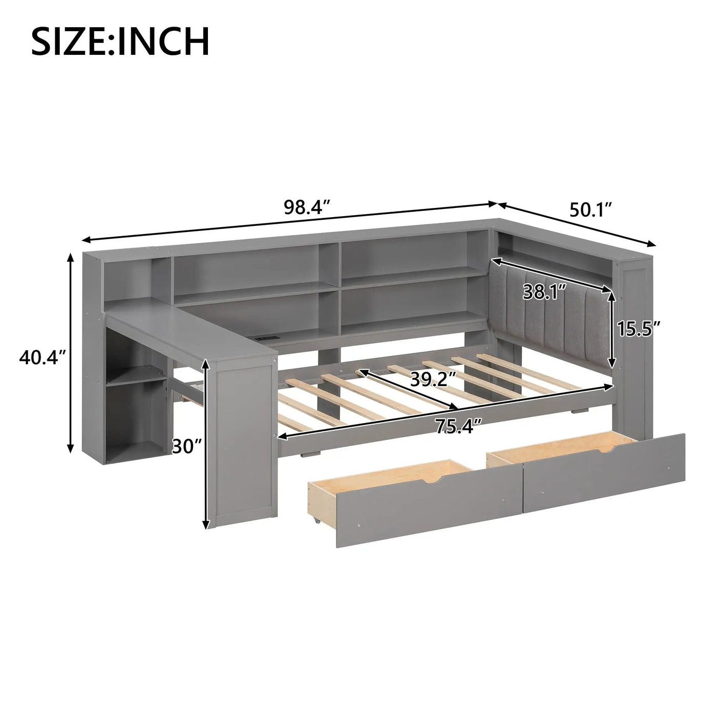 Platform Bed With Upholstered Headboard, Storage Shelves, Drawers, Charging Station, LED Lighting, Built In Desk by HouseOfZazla