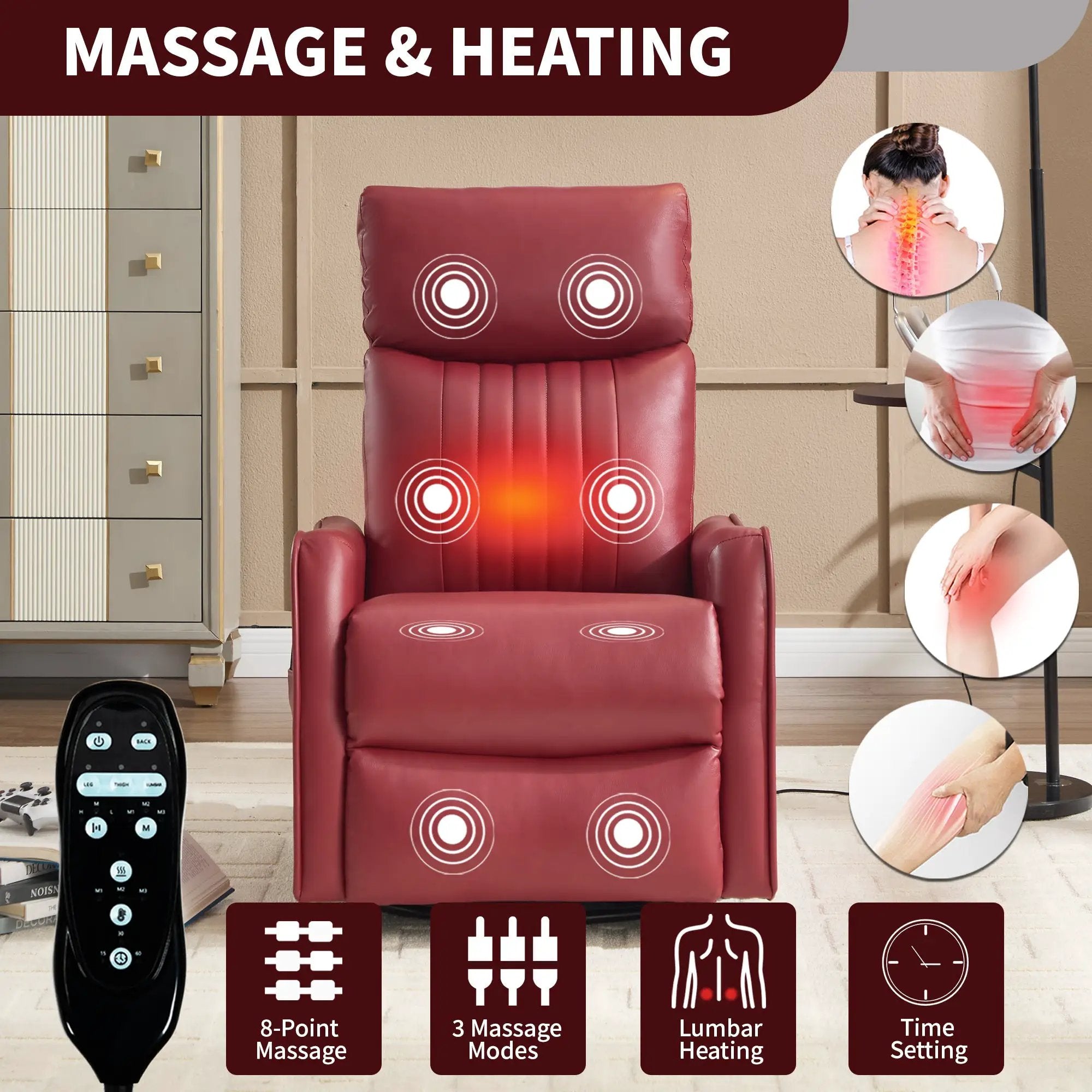 Red Faux Leather Heat Massage Manual Recliner Chair with Rocker and Swivel by HouseOfZazla