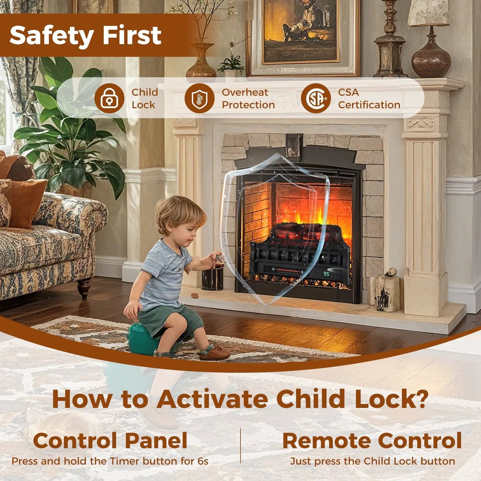 23 Inch Infrared Quartz Electric Fireplace Pinewood Log Heater with Adjustable Flame-Black by DirectDeals