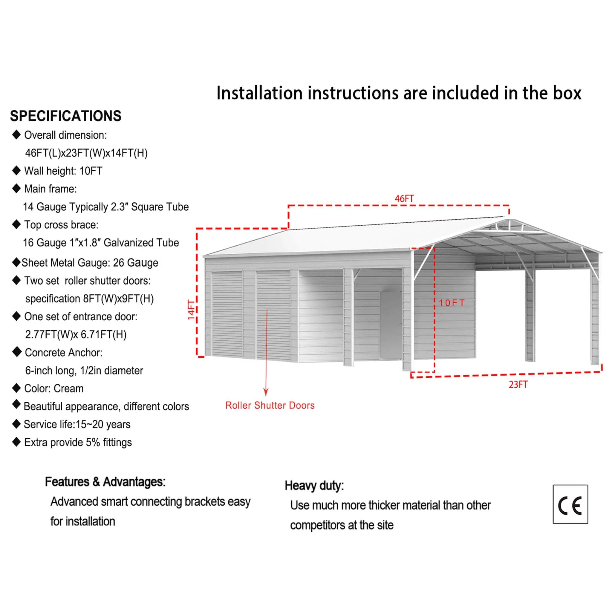 [23X46FT] Heavy-Duty Steel Garage Storage Shed With Reinforced Roof And 2 Doors (SAK29384) by SAKSBY WHOLESALE