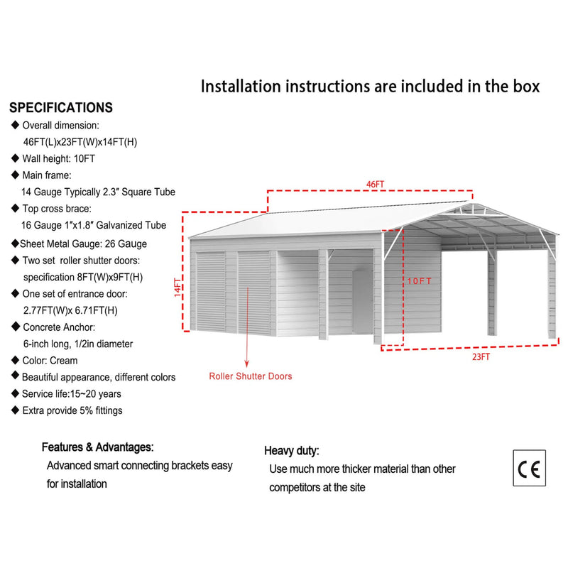 [23X46FT] Heavy-Duty Steel Garage Storage Shed With Reinforced Roof And 2 Doors (SAK29384) by SAKSBY WHOLESALE