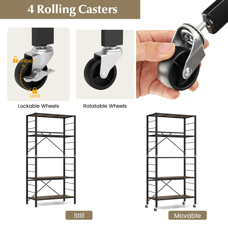 5-Tier Foldable Shelving Unit with Detachable Wheels and Anti-Toppling System-Black by DirectDeals