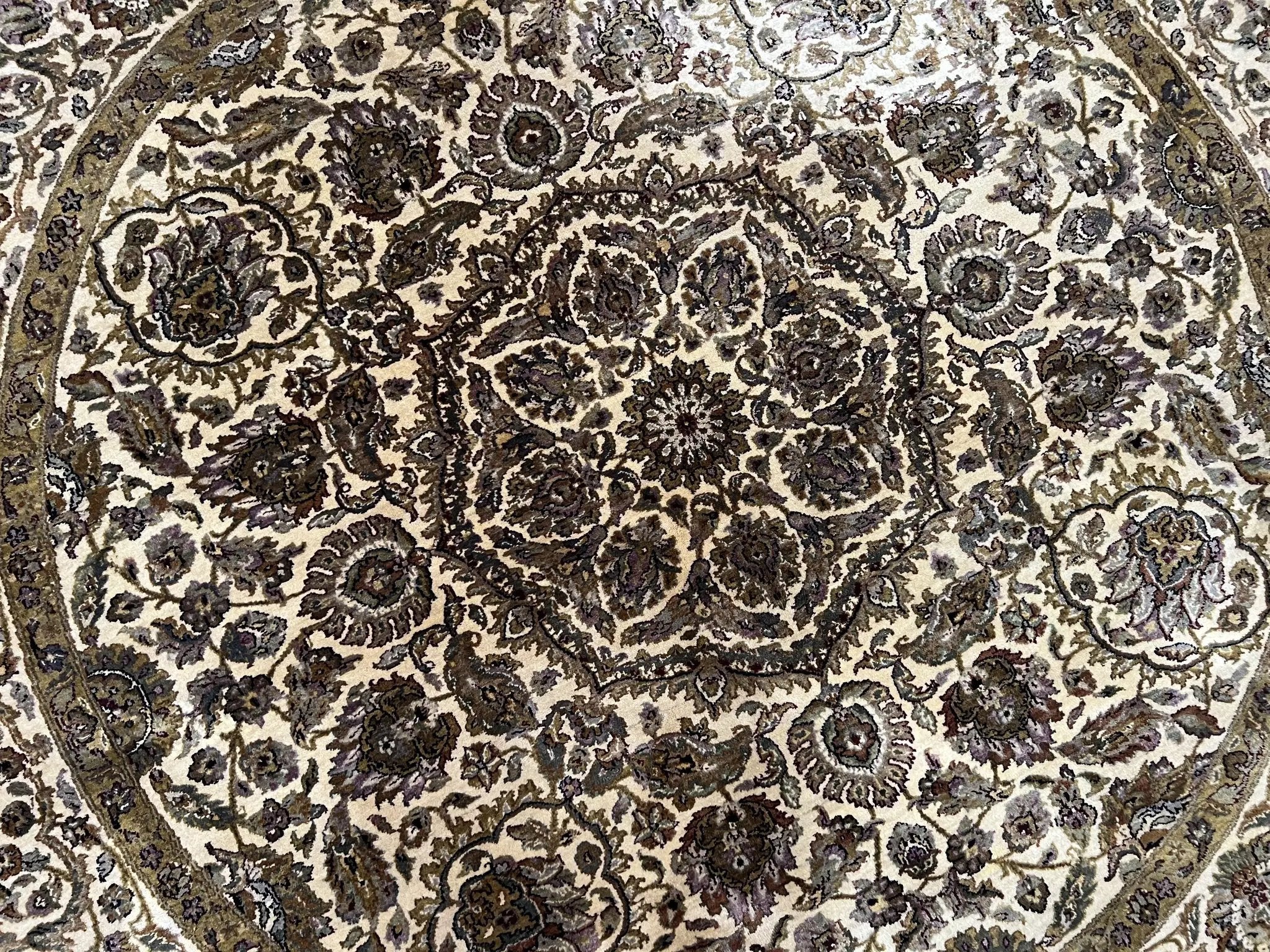 Round Indo Persian Rug 8x8 ft, Large Hand Knotted Vintage Wool Circular Carpet, 8ft Round Oriental Rug, Floral Medallion, Cream and Green by Jewel Rugs