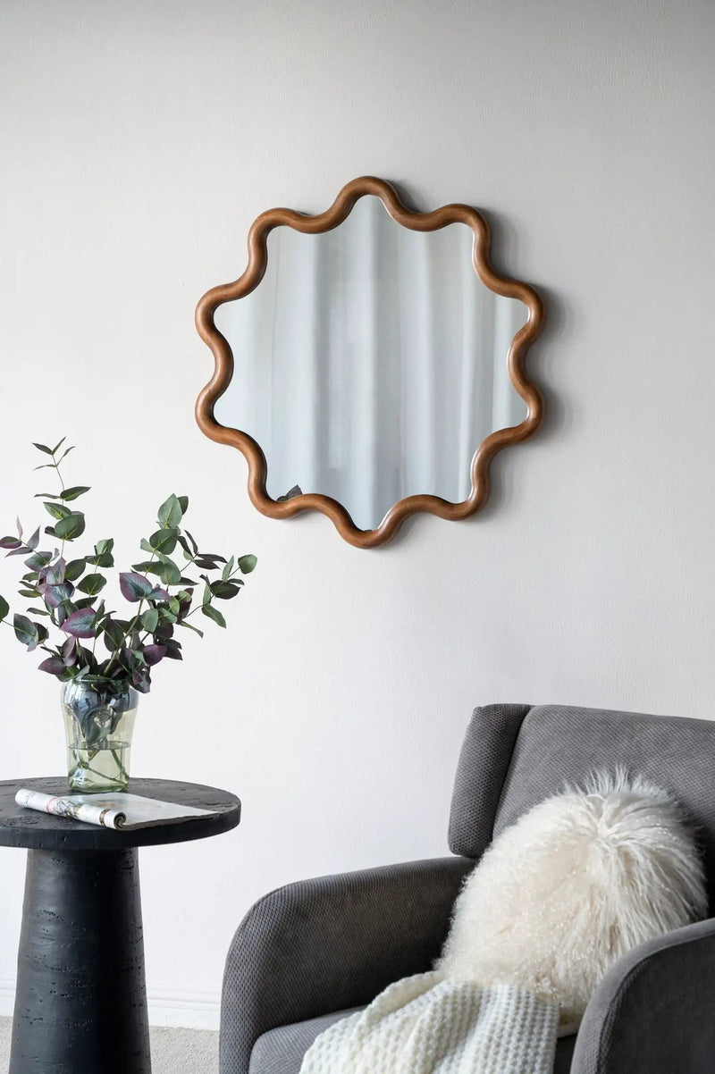 Wooden Accent Mirror With Unique Frame, Wall Mirror For Living Room Bedroom Entryway - Brown by HouseOfZazla