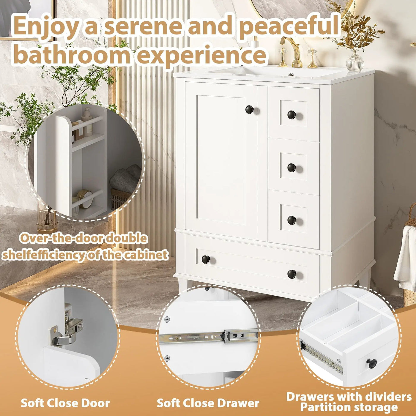 Bathroom Vanity With Integrated Basin, Soft Close Drawers, Door Mounted Double Layer Shelf by Unique Piece Furniture