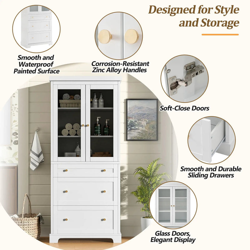 Freestanding Tall Bathroom Cabinet With Adjustable Shelves, Drawers, Soft Close Glass Doors by HouseOfZazla