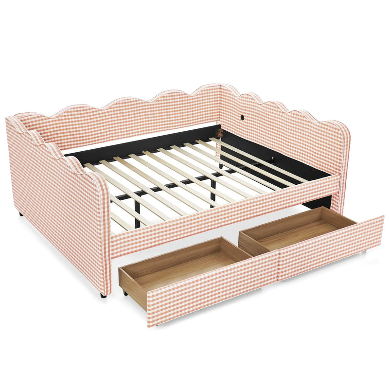 Queen Size Cozy Gingham Daybed with Two Storage Drawers and USB Port by HouseOfZazla