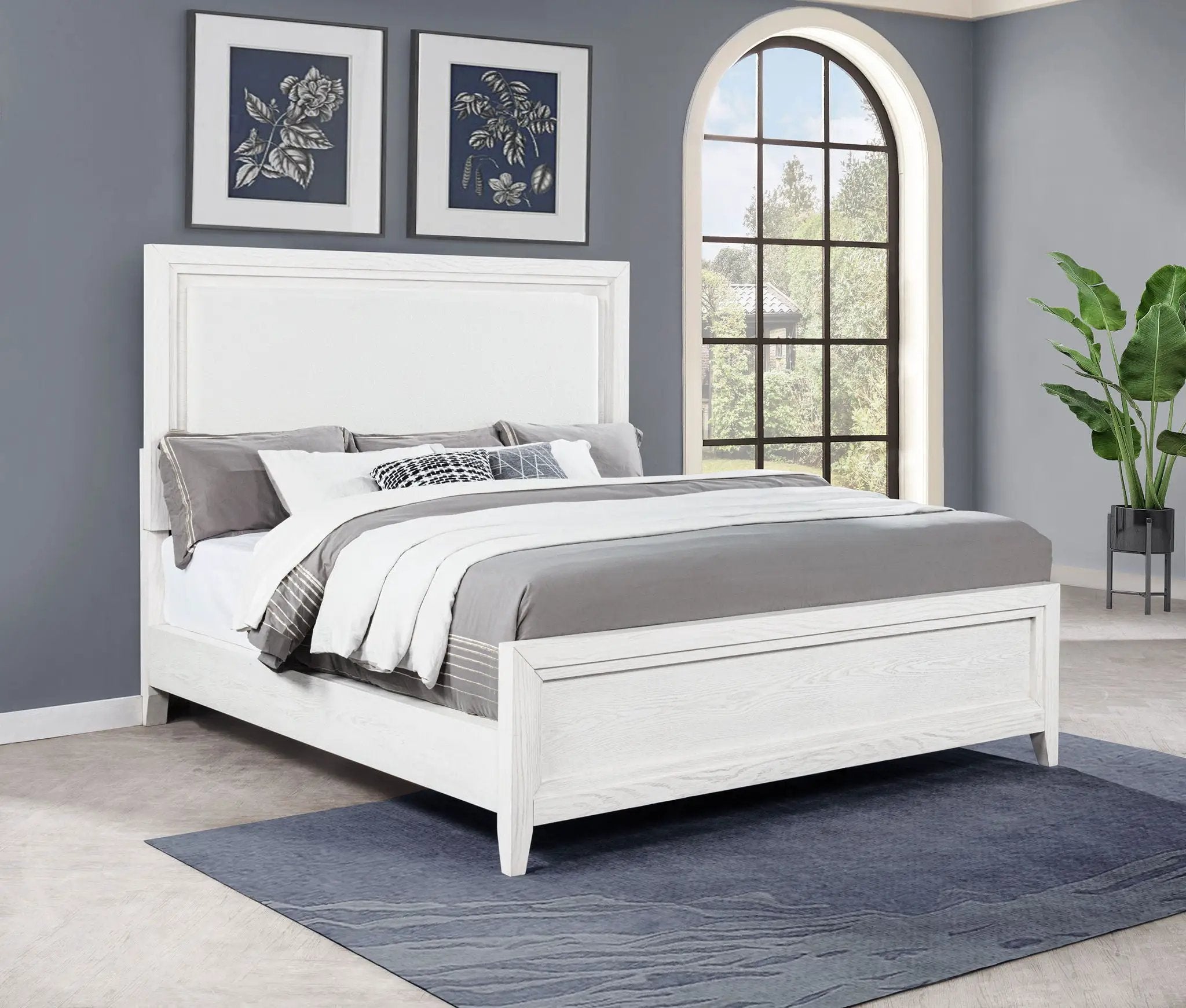 Marielle Eastern King Upholstered Panel Bed Distressed White by Unique Piece Furniture