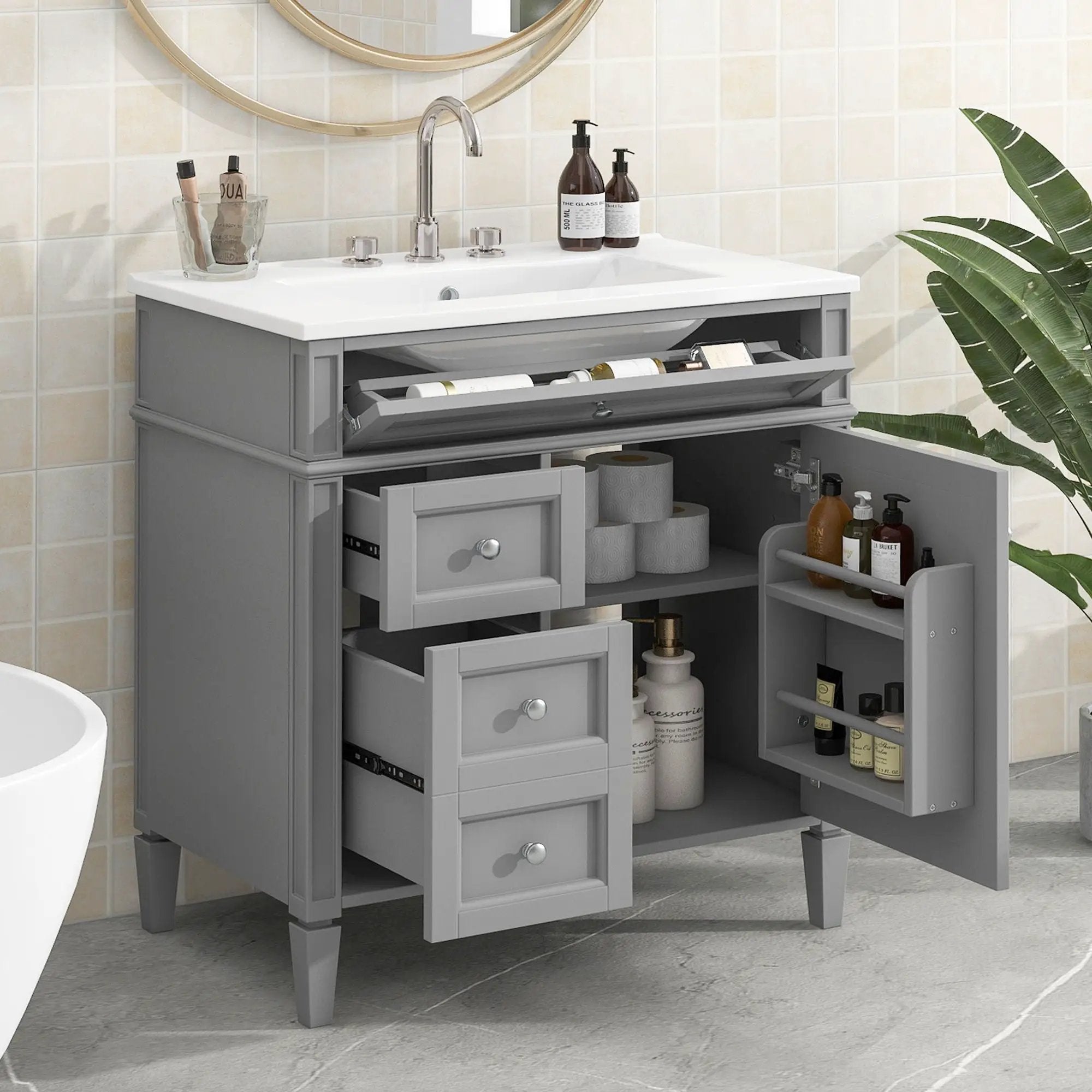 Bathroom Vanity With Top Sink, Storage Cabinet With 2 Drawers, Tip Out Drawer by Unique Piece Furniture