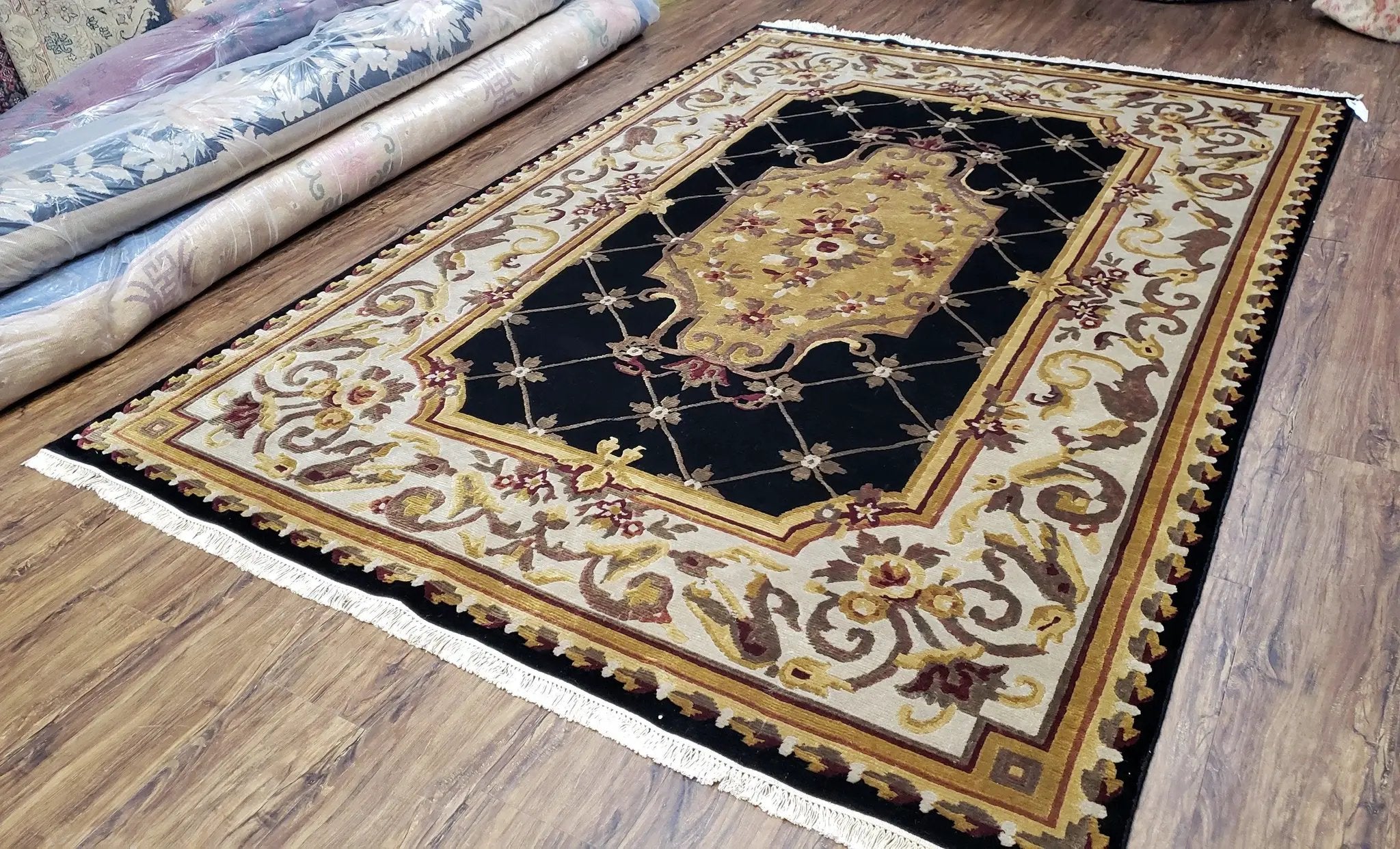 6x9 Nepalese Rug, Aubusson Savonnerie Area Rug 6 x 9 with Soft Pile, Hand-Knotted Wool Black & Beige Tibetan New Carpet European Design by Jewel Rugs