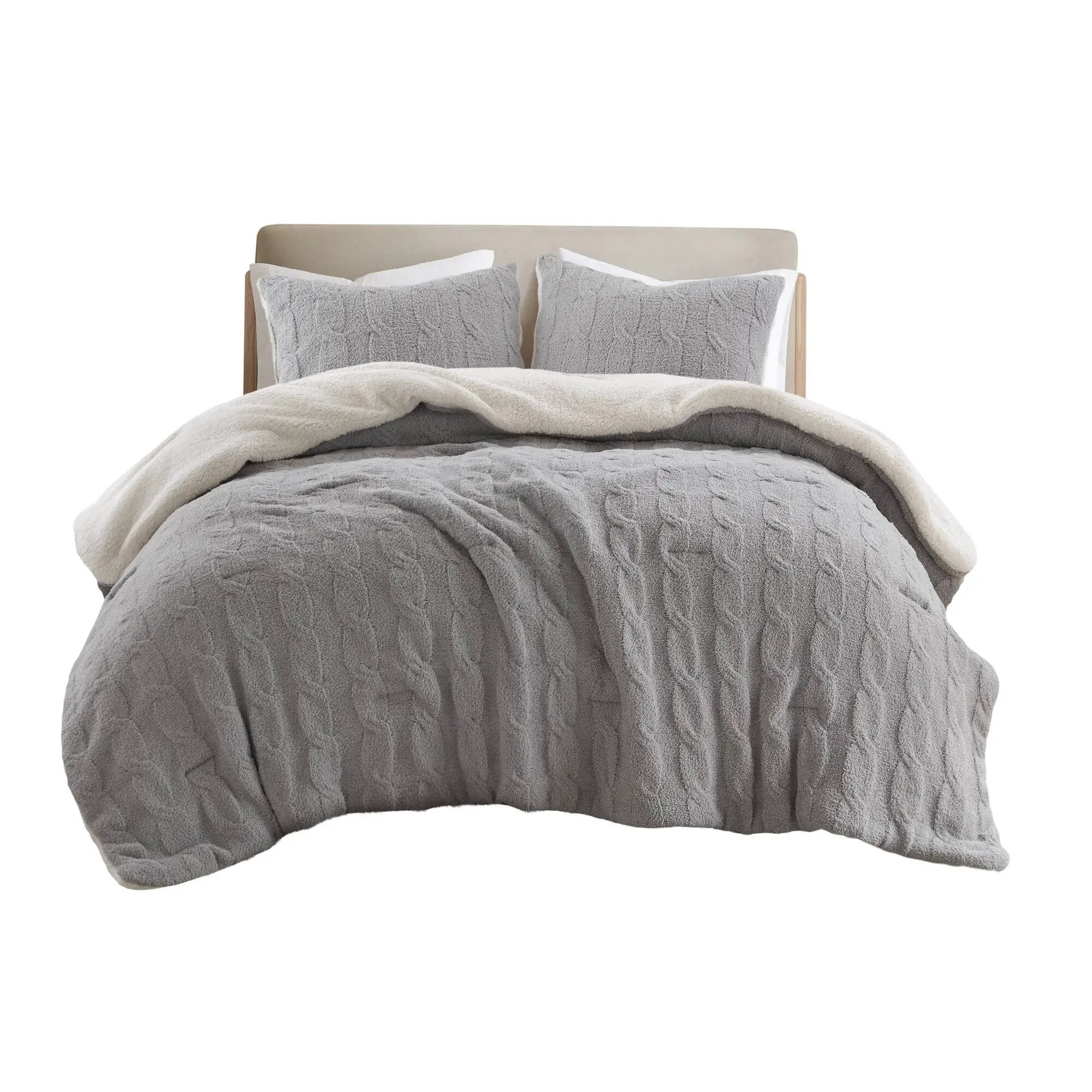 3 Pieces Full/Queen Cable Knit Chenille Comforter Set Gray by HouseOfZazla