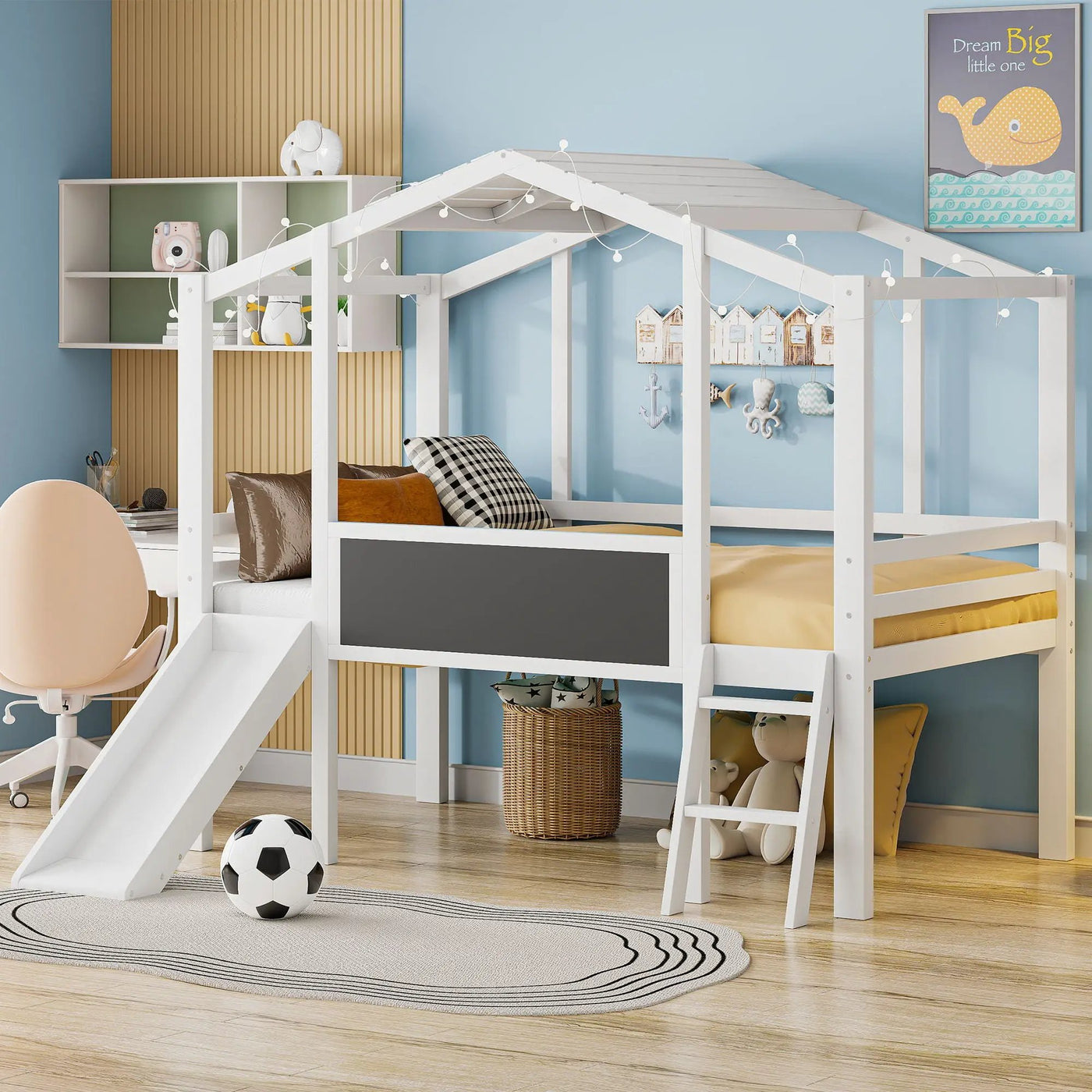 Loft House Bed With Ladder And Slide, With board And Light Strip On The Roof by Unique Piece Furniture