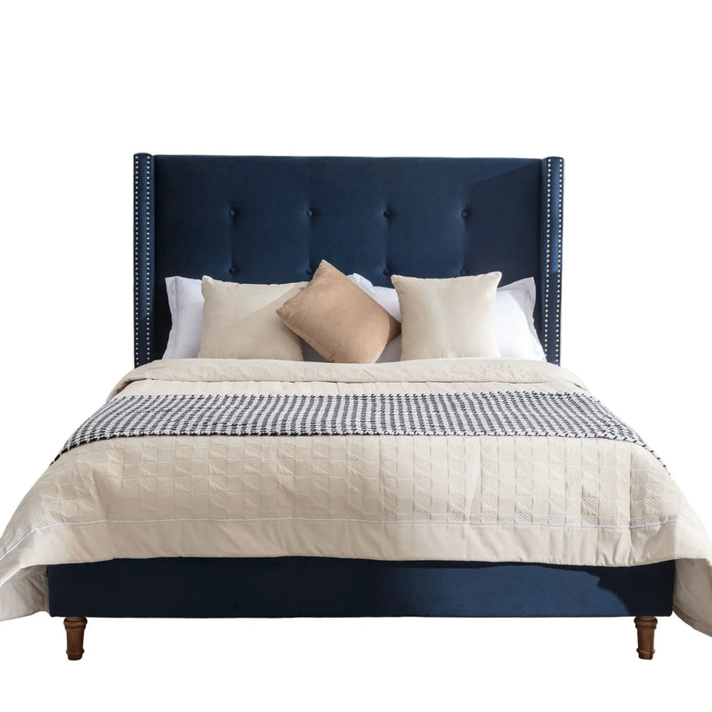 Peyton Upholstered Queen Bed with 54' High Headboard and Traditional Buttoned Tufting in Blue Velvet by BLAKHOM