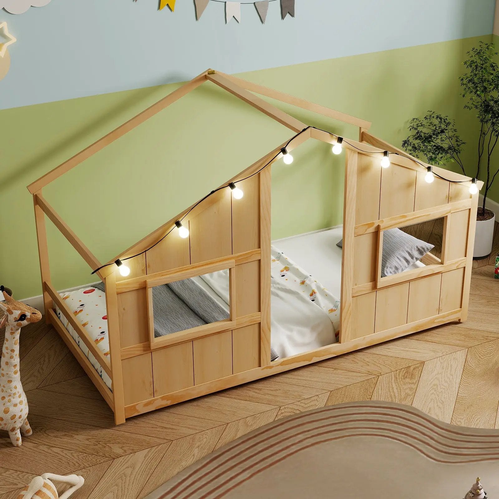 Twin Size House Bed with LED Lights Montessori Slat-free Floor Bed by DirectDeals