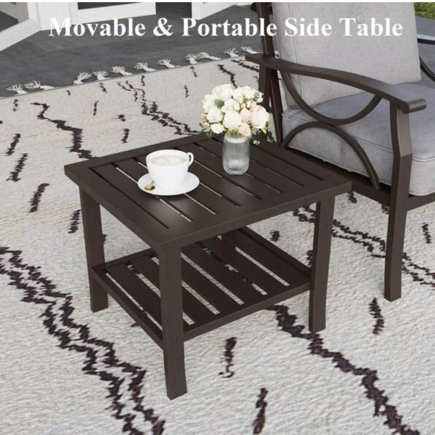 Square 2 Tier All-Weather Outdoor Side Table With Slatted Top by HouseOfZazla