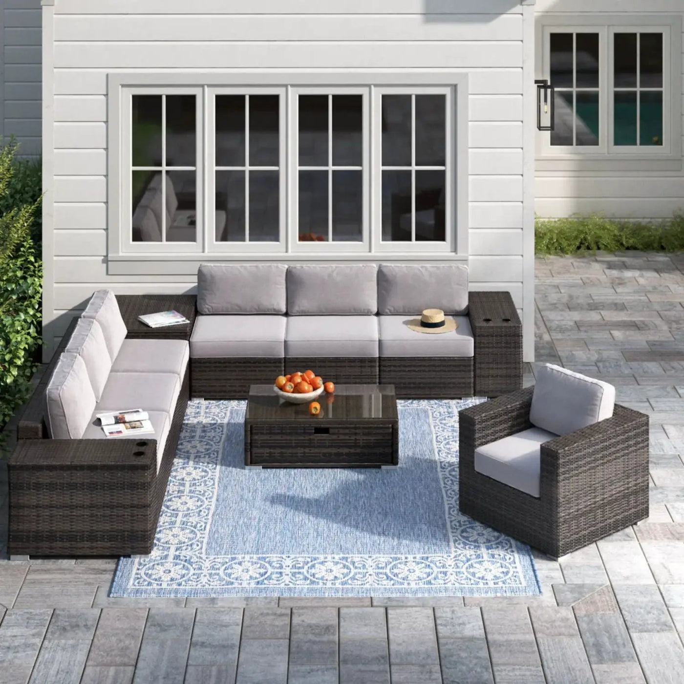 Modern Patio Rattan Sectional Set With Cushions by Unique Piece Furniture