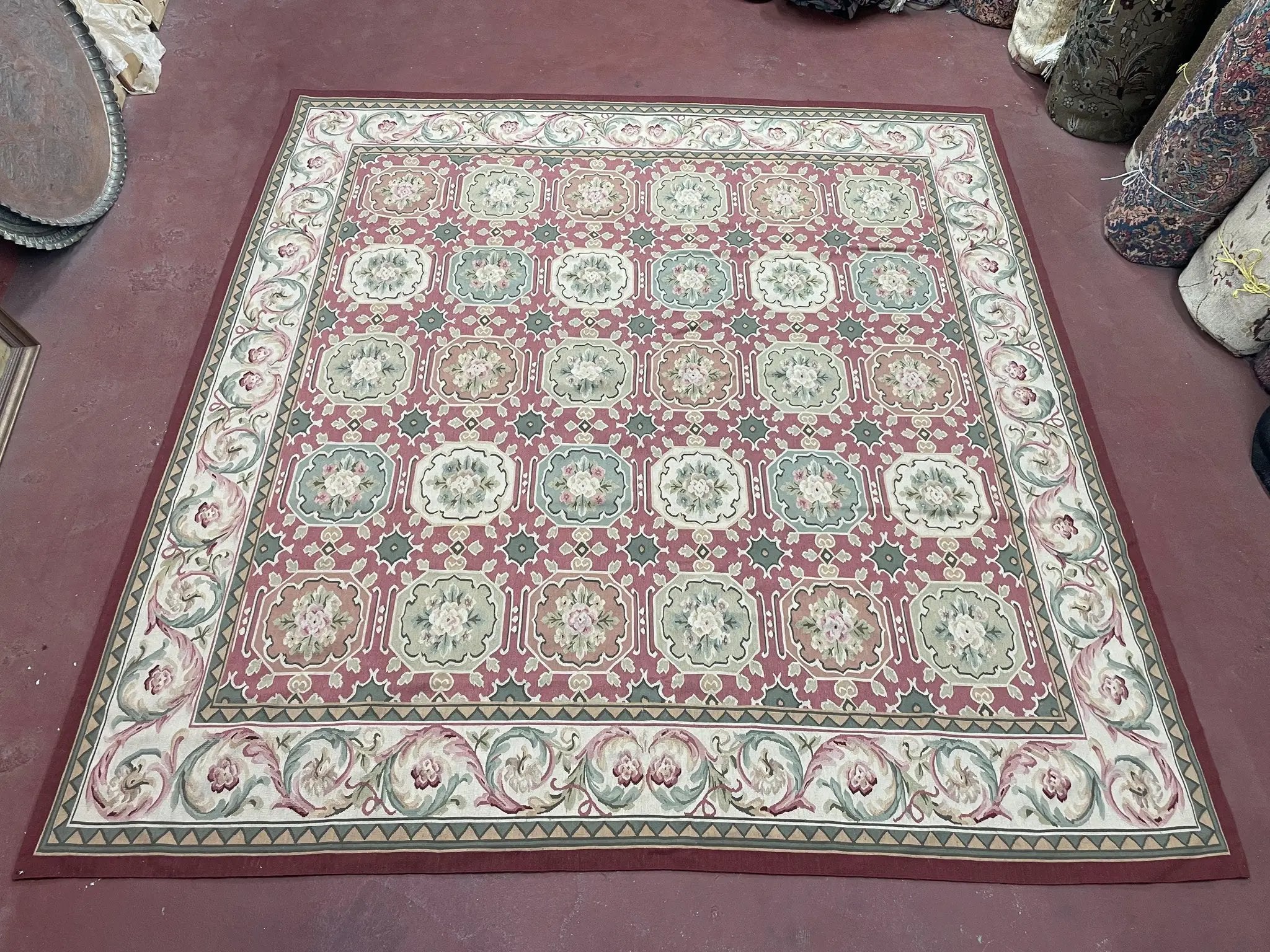 Square Aubusson Rug 9x9, Panel Design, European French English Carpet, Wool by Jewel Rugs