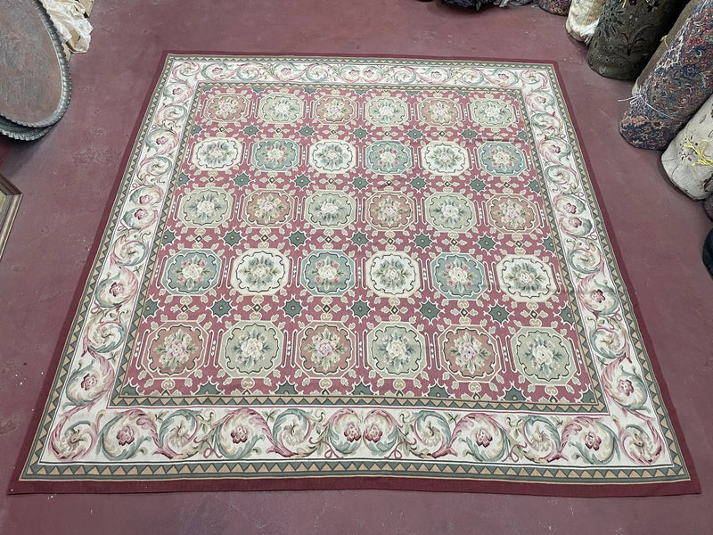 Square Aubusson Rug 9x9, Panel Design, European French English Carpet, Wool by Jewel Rugs