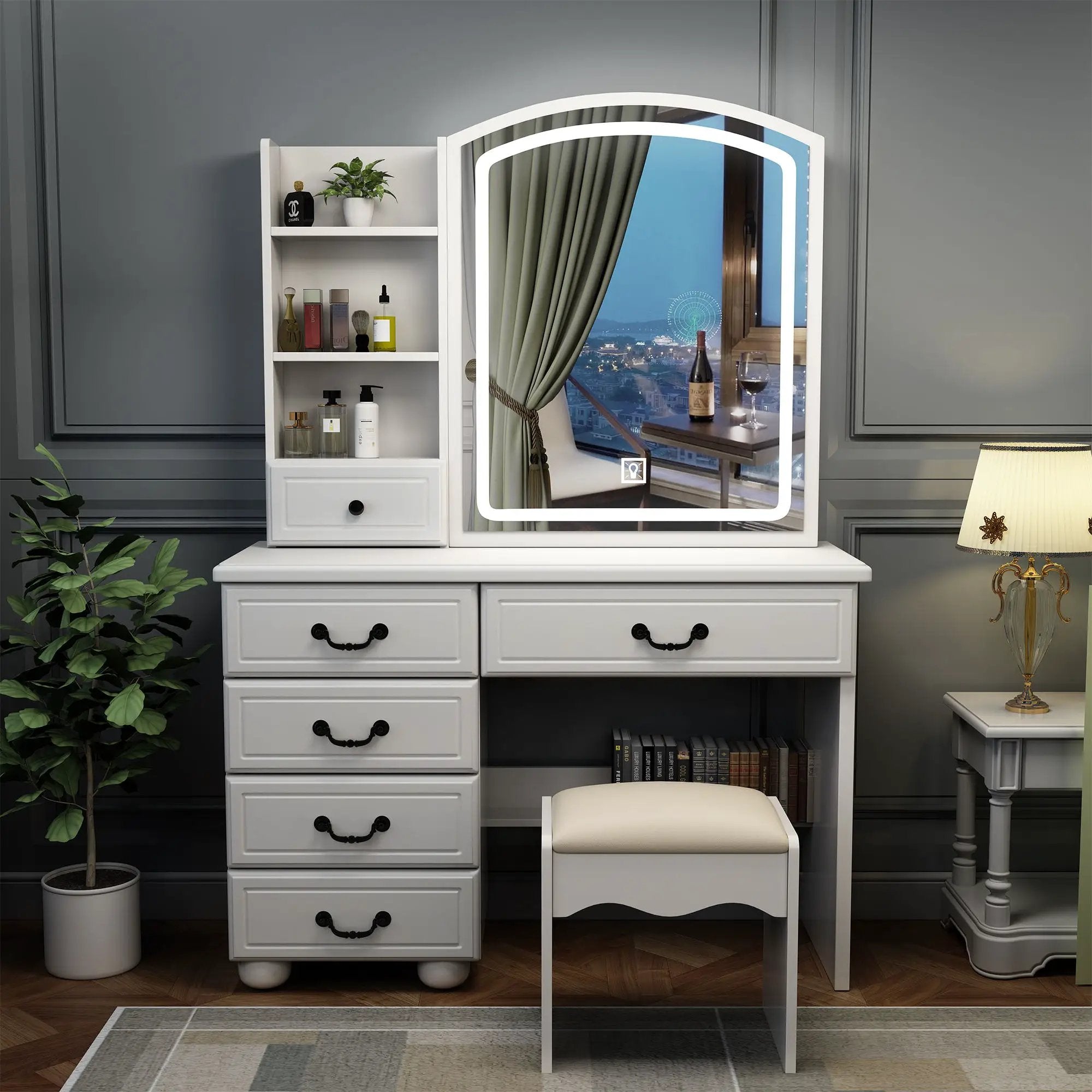 Fashion Vanity Desk With Mirror And Adjustable Lighting, 6 Drawers, 3 Color Light Modes - White by HouseOfZazla