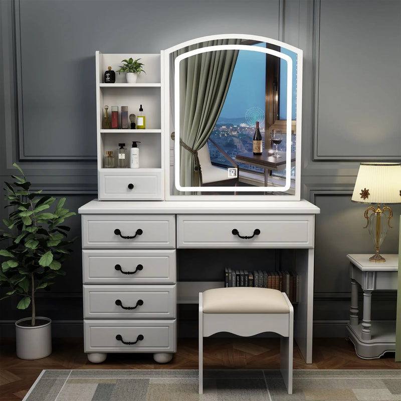 Fashion Vanity Desk With Mirror And Adjustable Lighting, 6 Drawers, 3 Color Light Modes - White by HouseOfZazla