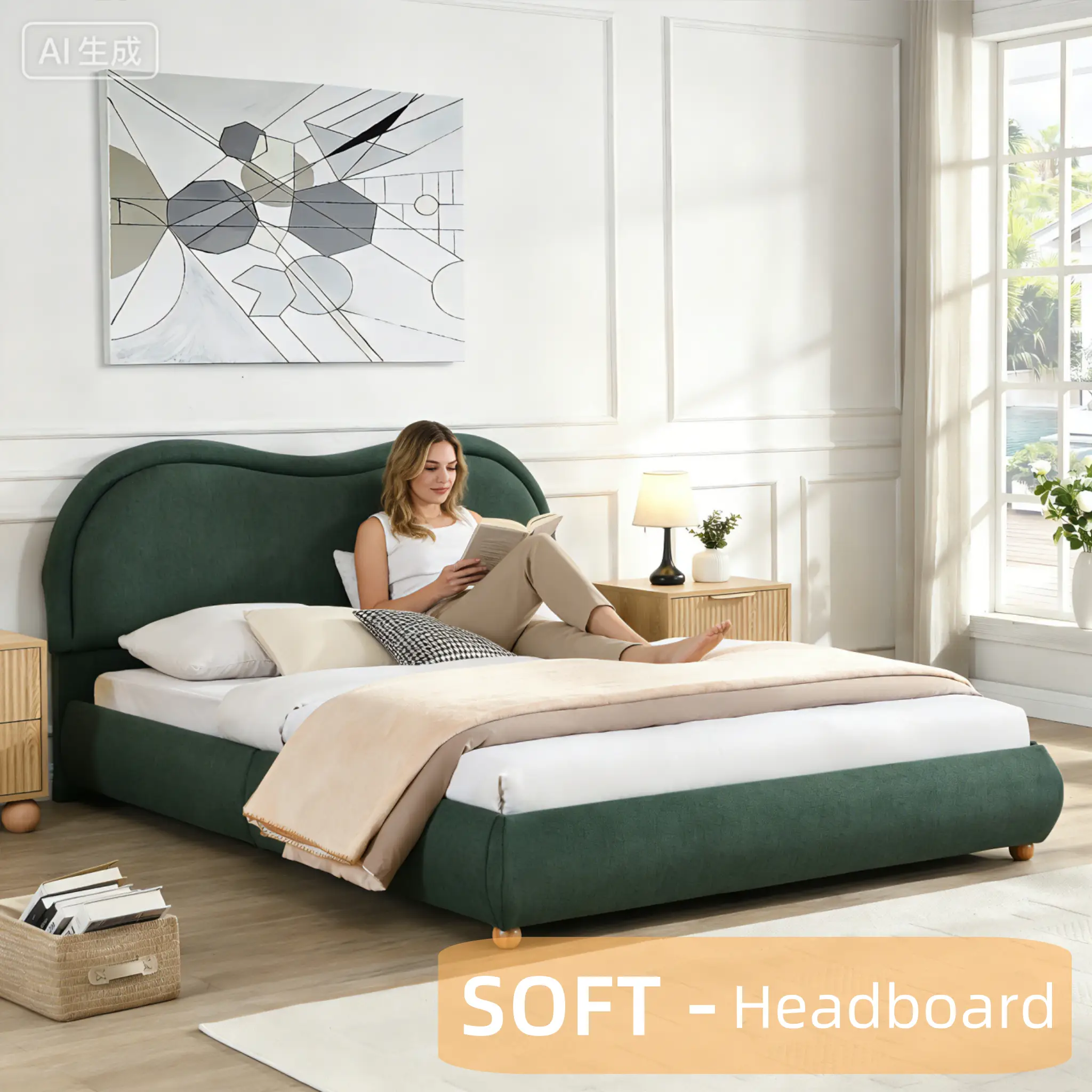 Queen Size Upholstered Platform Bed Frame with Rounded Corners Curved Headboard by HouseOfZazla